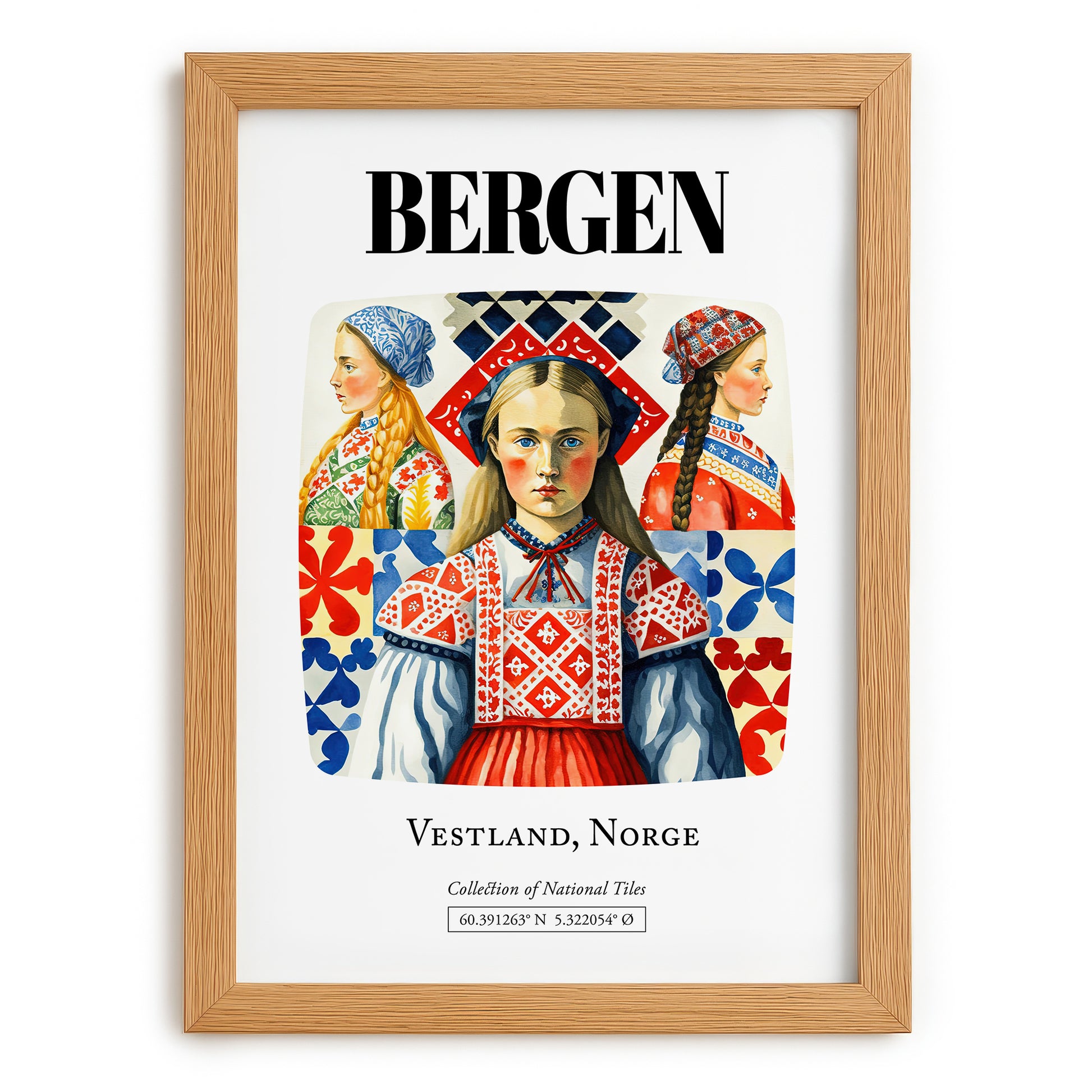 Bergen, Norway – Minimalist Travel Print, set in oak frame