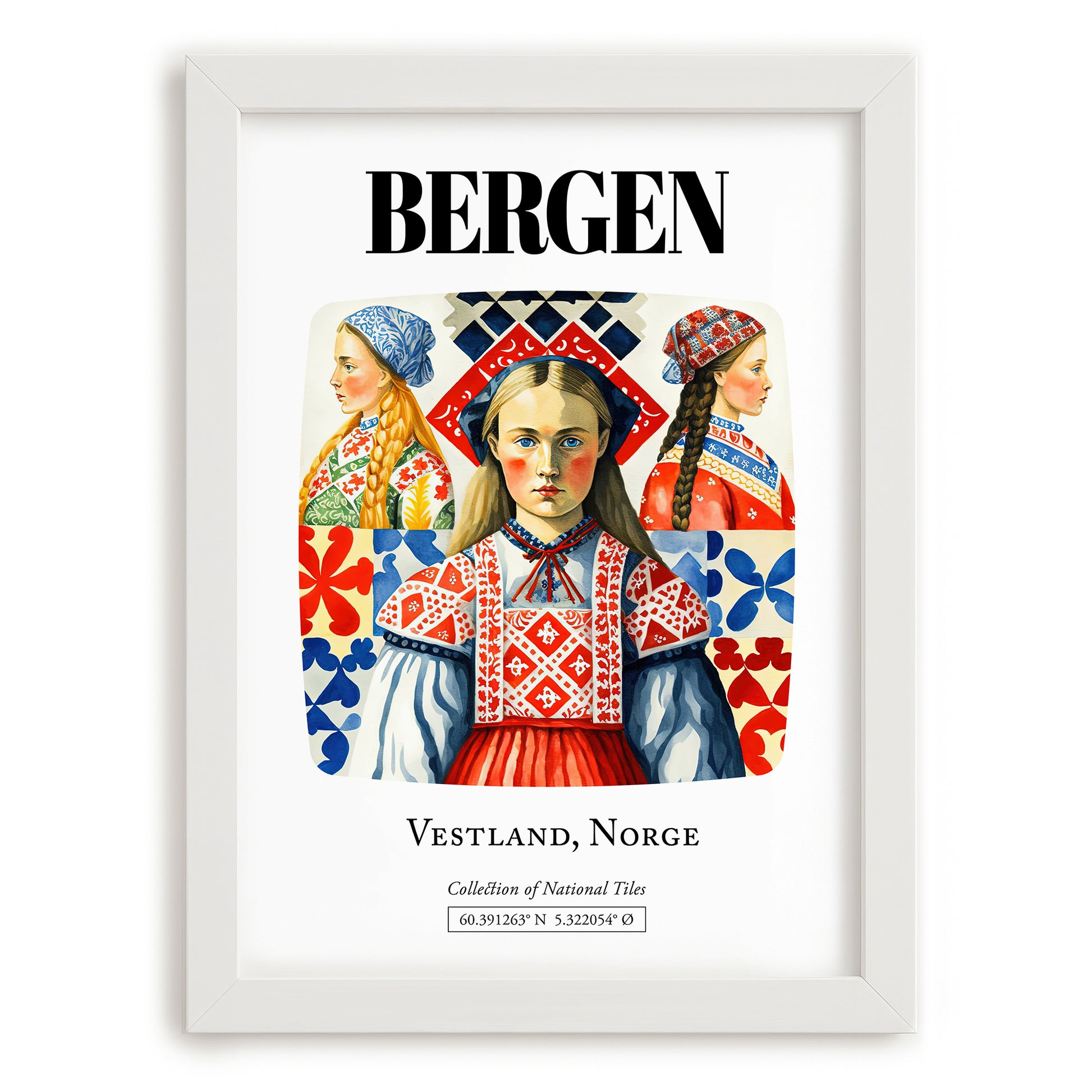 Bergen, Norway – Minimalist Travel Print, placed in minimal white frame