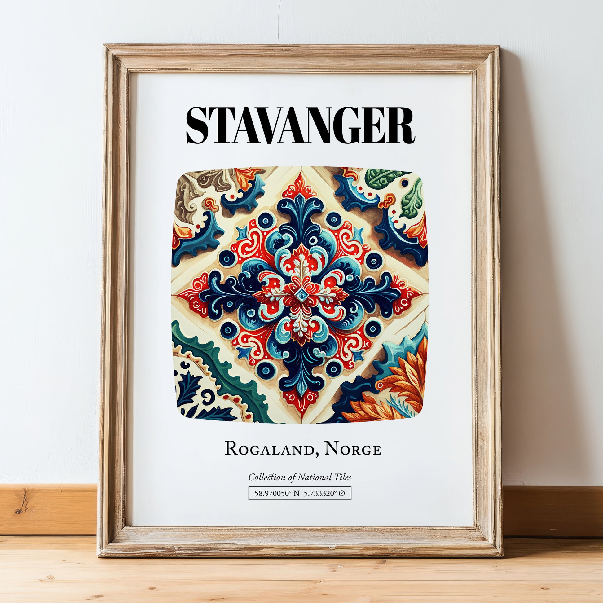 Stavanger, Norway – Travel Wall Art, in wooden frame leaning on the floor