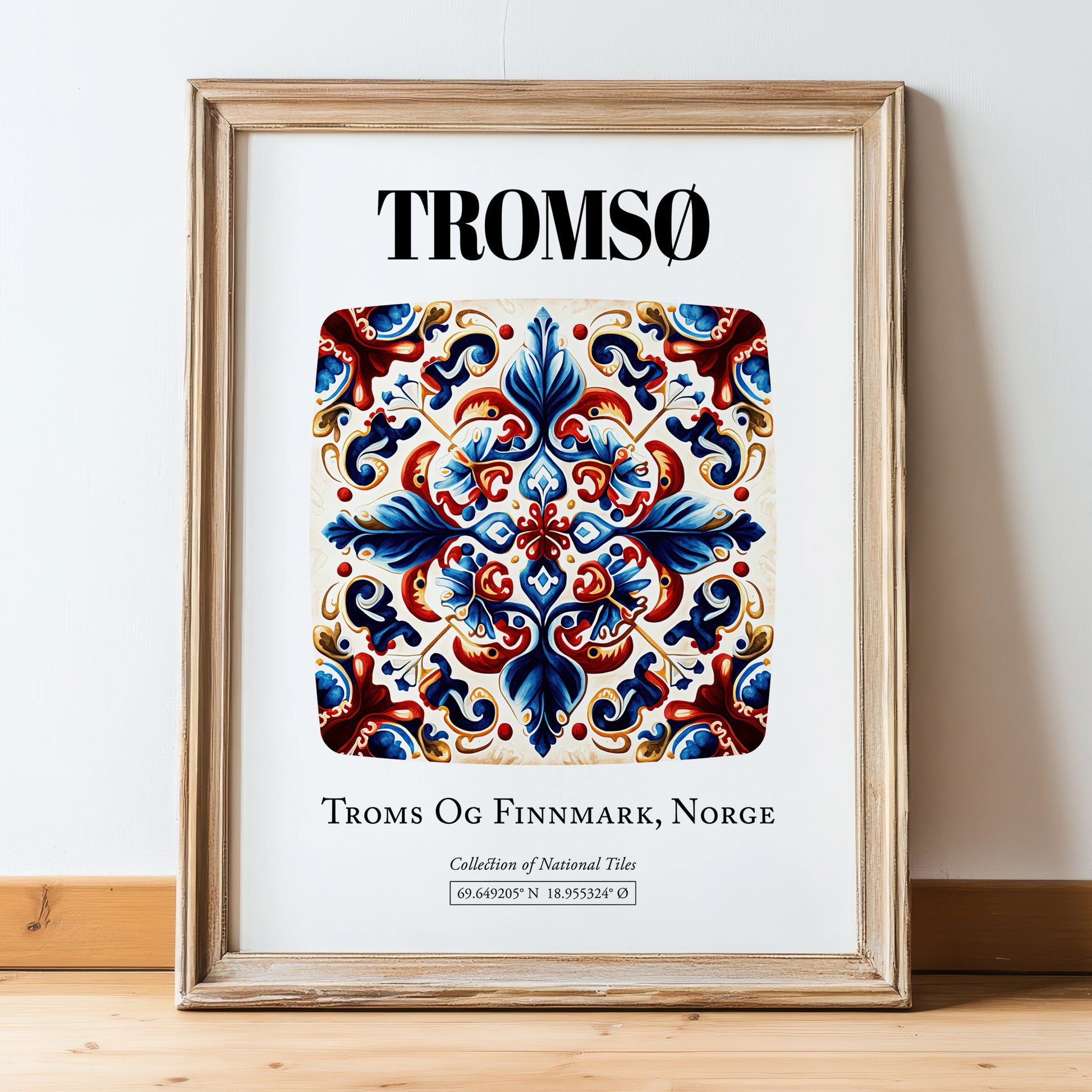 Tromsø, Norway – Travel Print, in wooden frame leaning on the floor