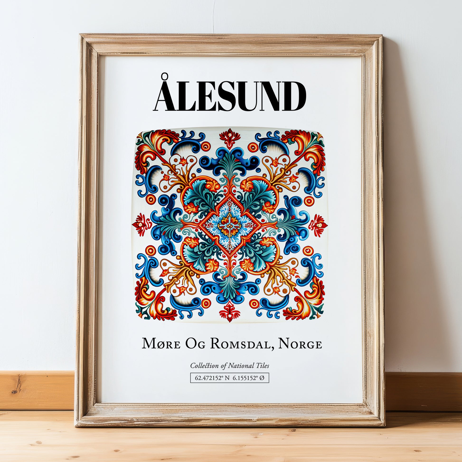 Ålesund, Norway – Travel Poster, in wooden frame leaning on the floor