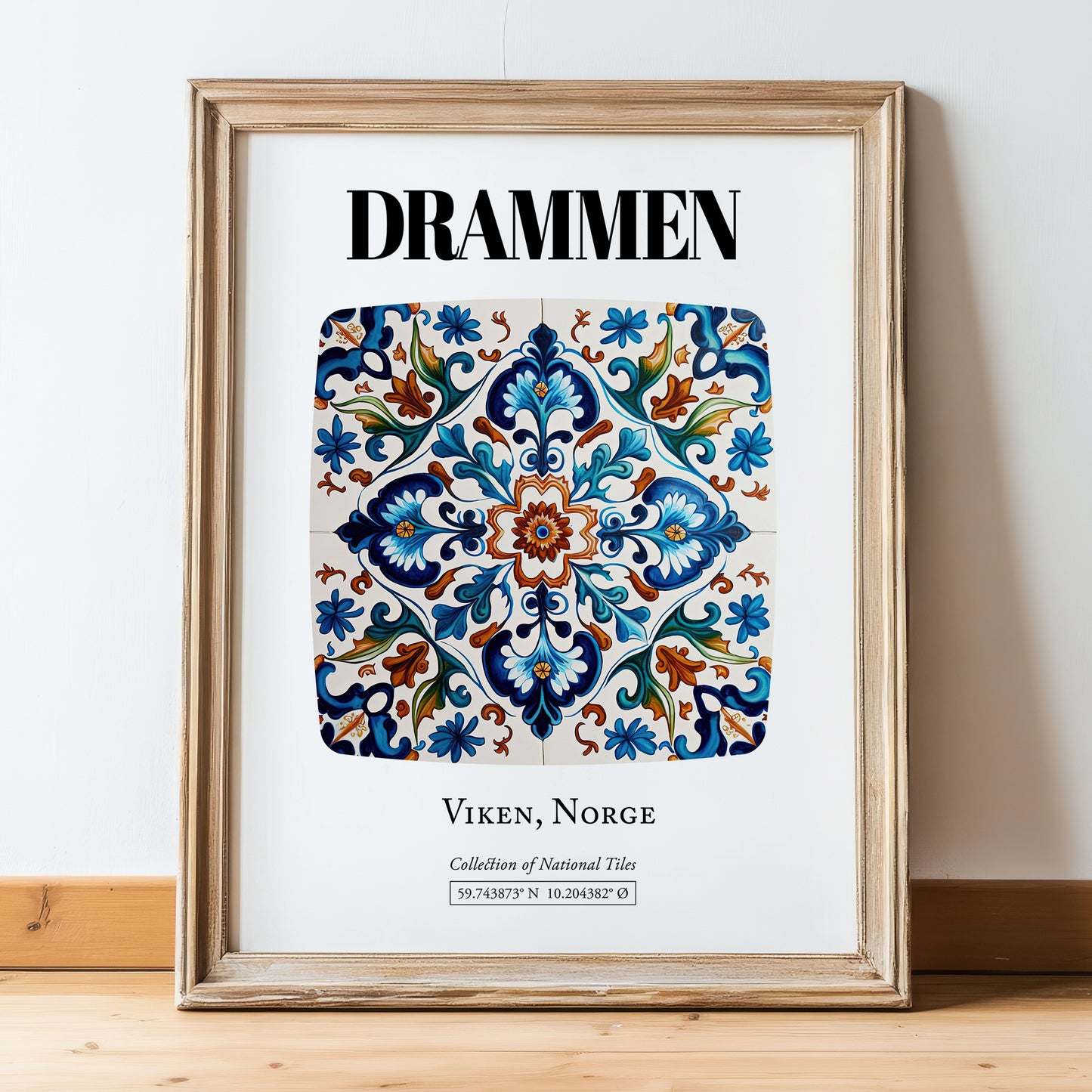 Drammen, Norway – Travel Poster, in wooden frame leaning on the floor