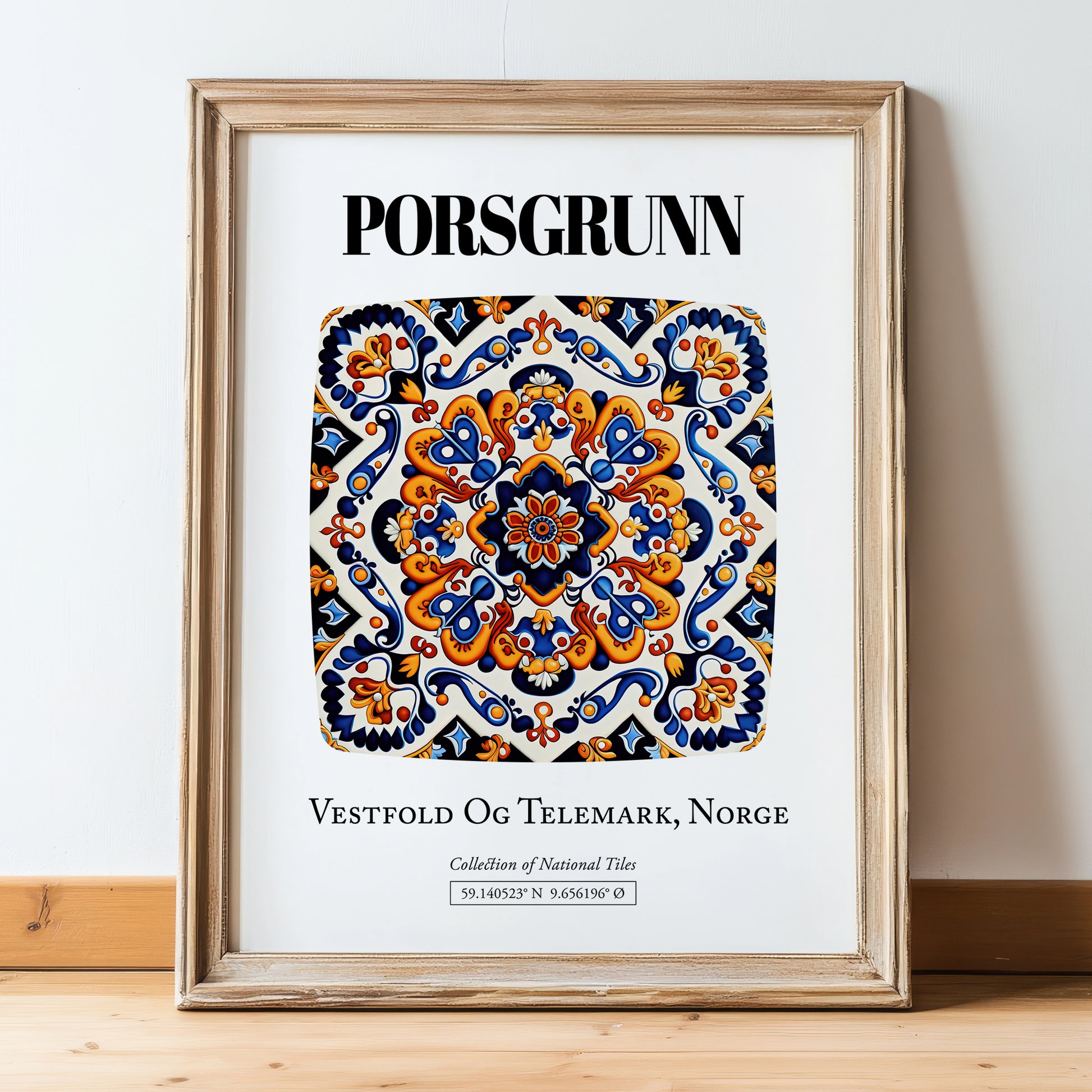 Porsgrunn, Norway – National Pride Wall Decor, in wooden frame leaning on the floor