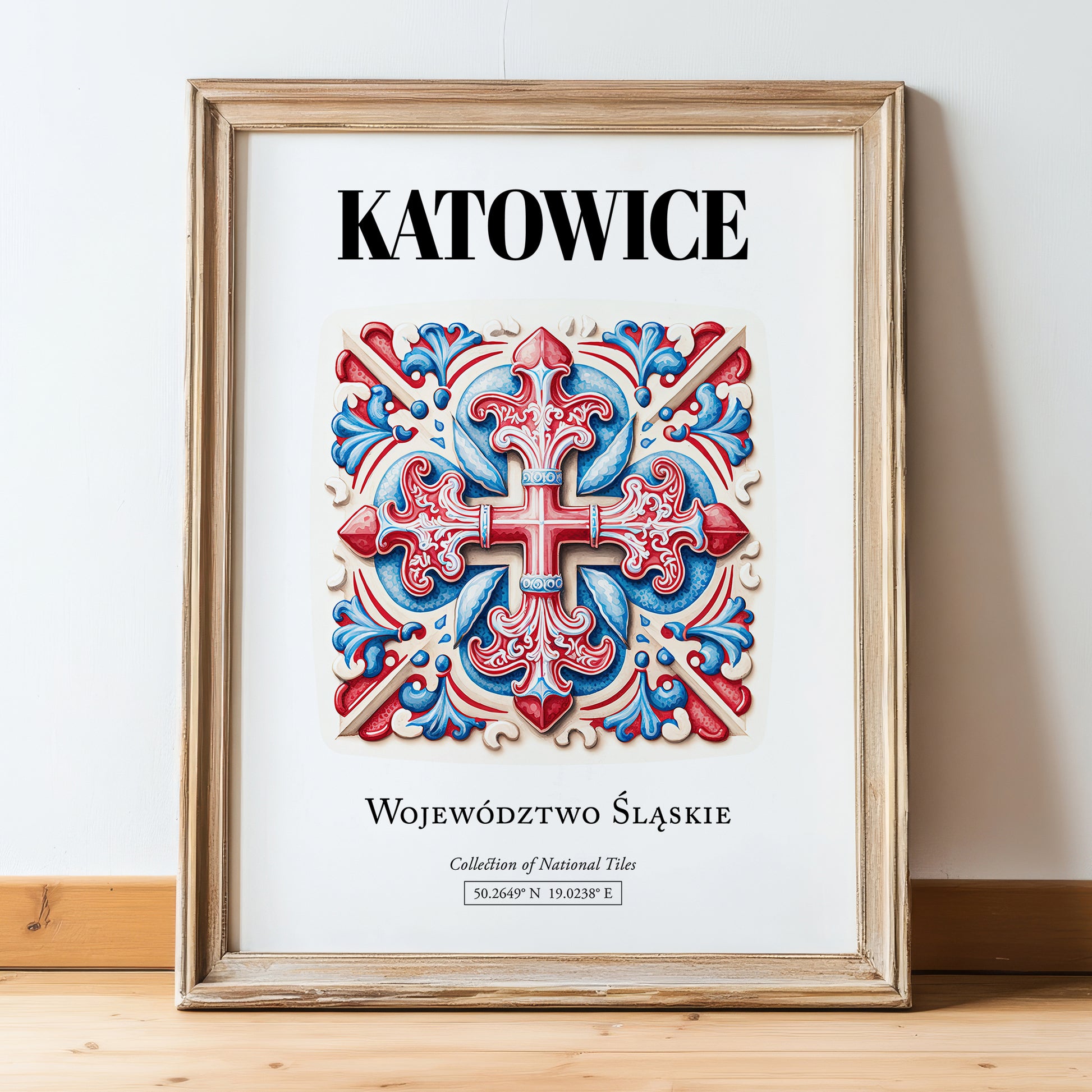 Katowice, Poland – Away From Home Poster, in wooden frame leaning on the floor