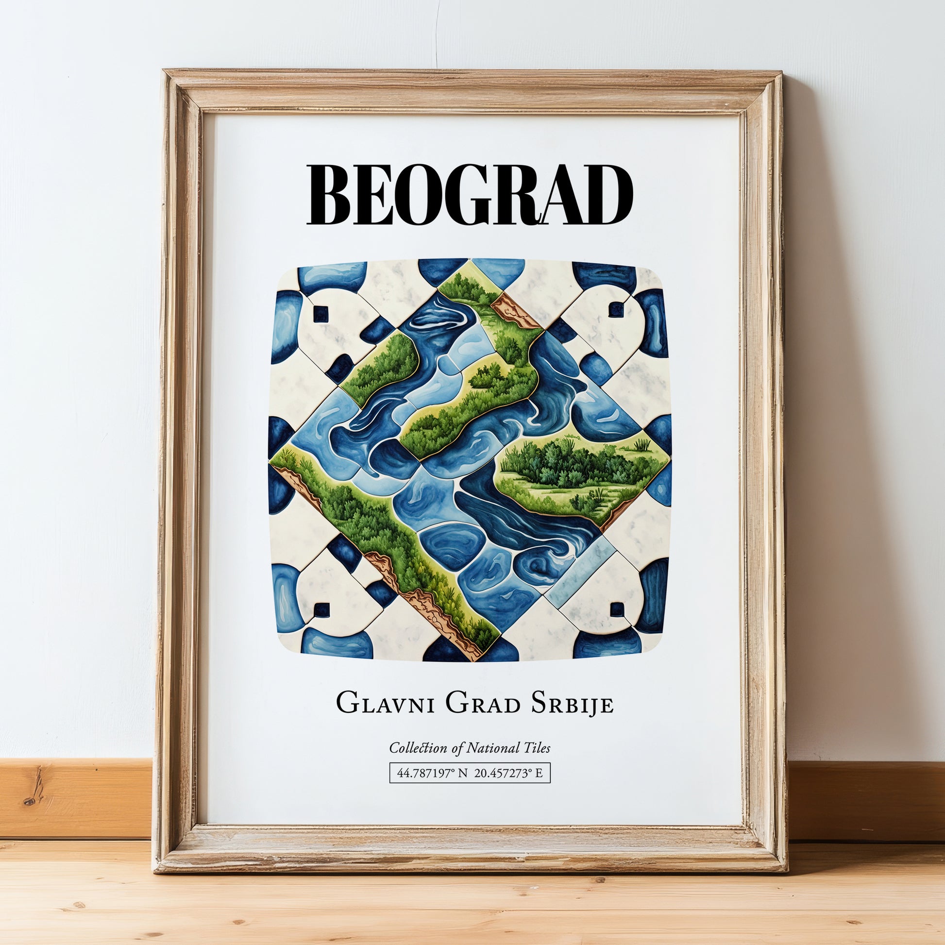 Beograd, Romania – Travel Wall Art, in wooden frame leaning on the floor