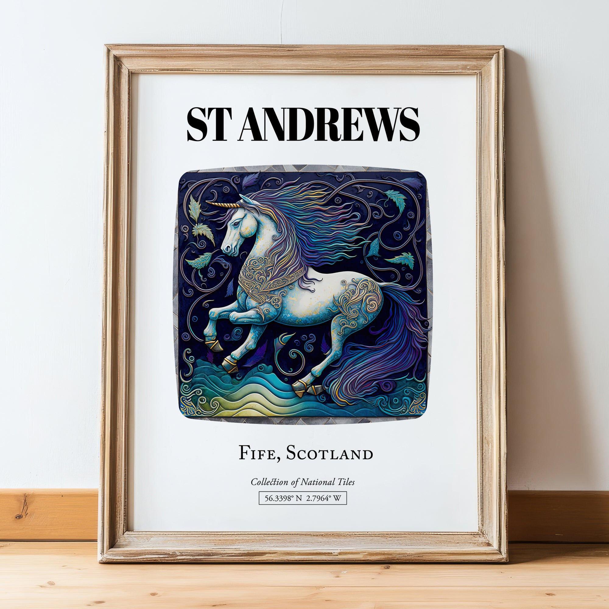 St Andrews, Scotland – Travel Poster, in wooden frame leaning on the floor