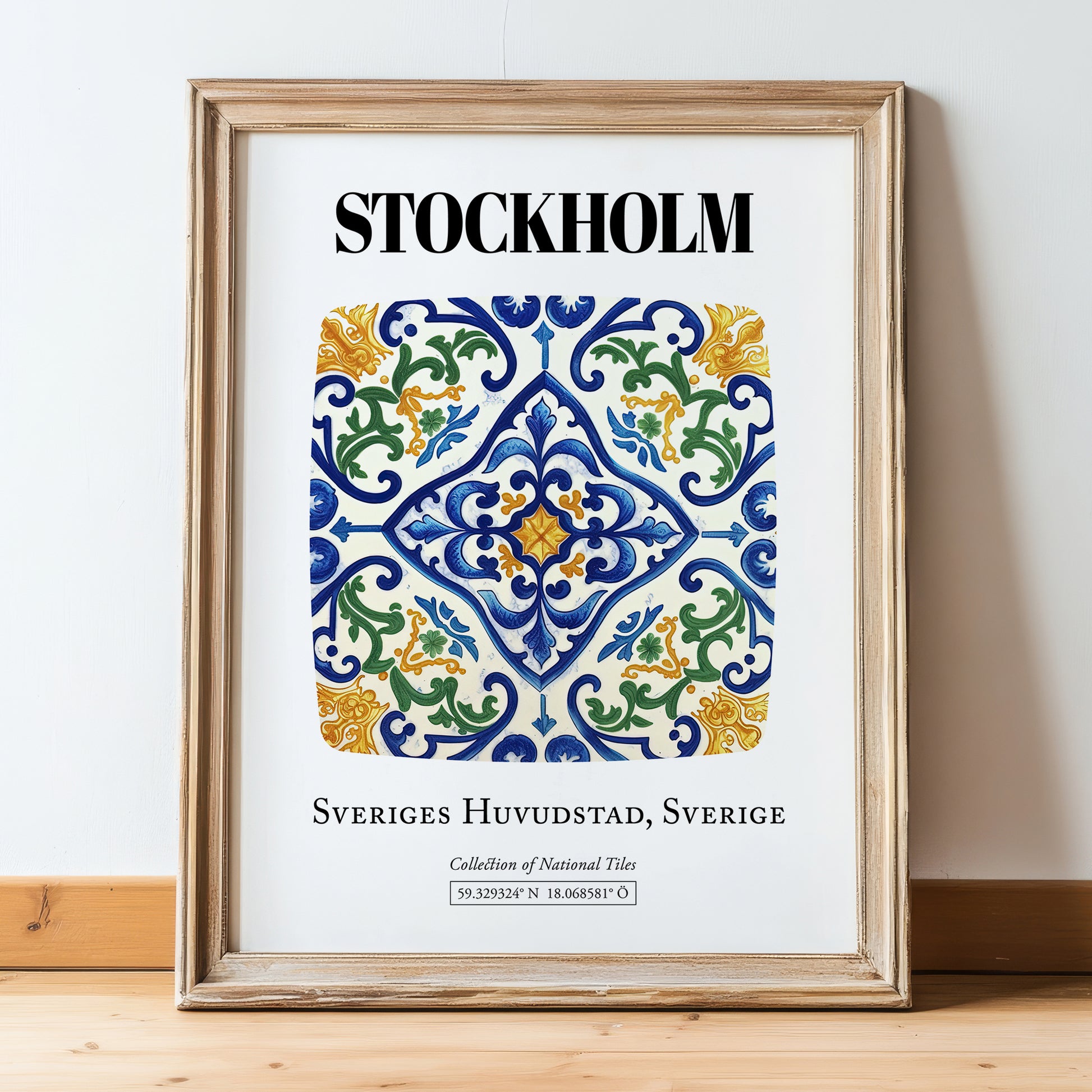 Stockholm, Sweden – Travel Wall Art, in wooden frame leaning on the floor