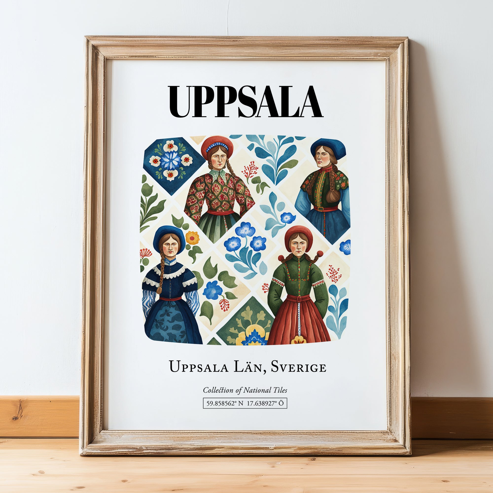 Uppsala, Sweden – Travel Poster, in wooden frame leaning on the floor
