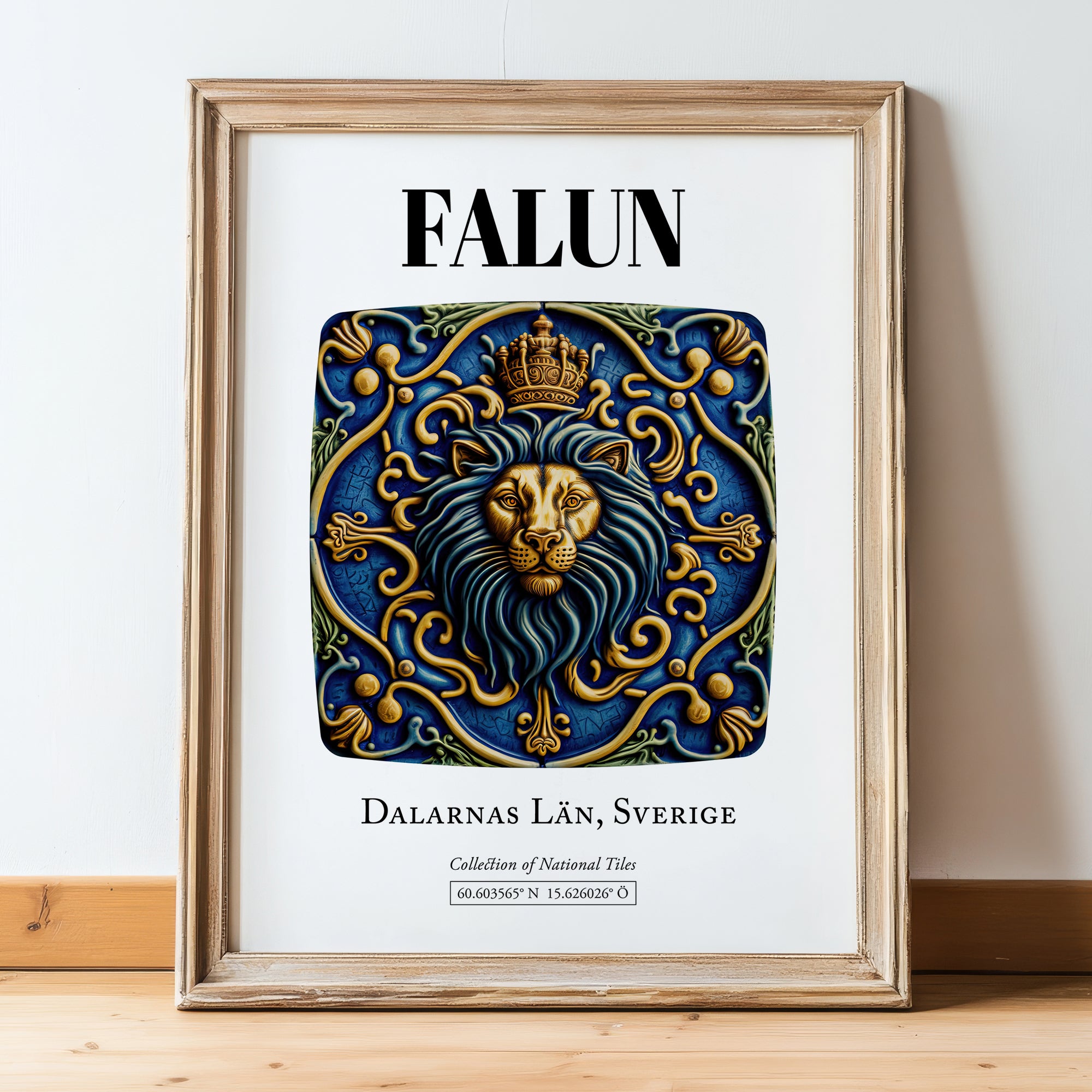Falun, Sweden – Travel Poster, in wooden frame leaning on the floor