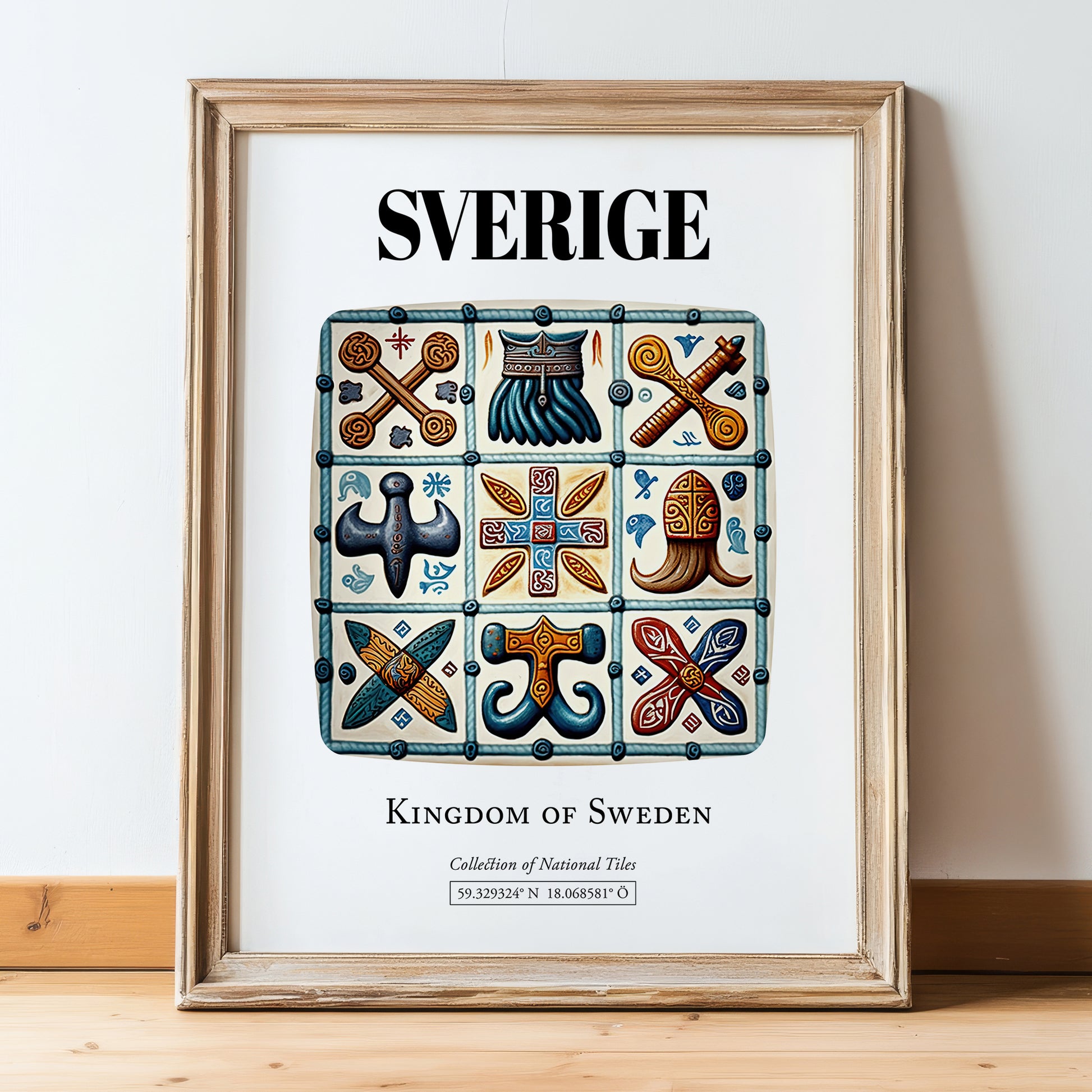 Sverige, Sweden – Away From Home Poster, in wooden frame leaning on the floor