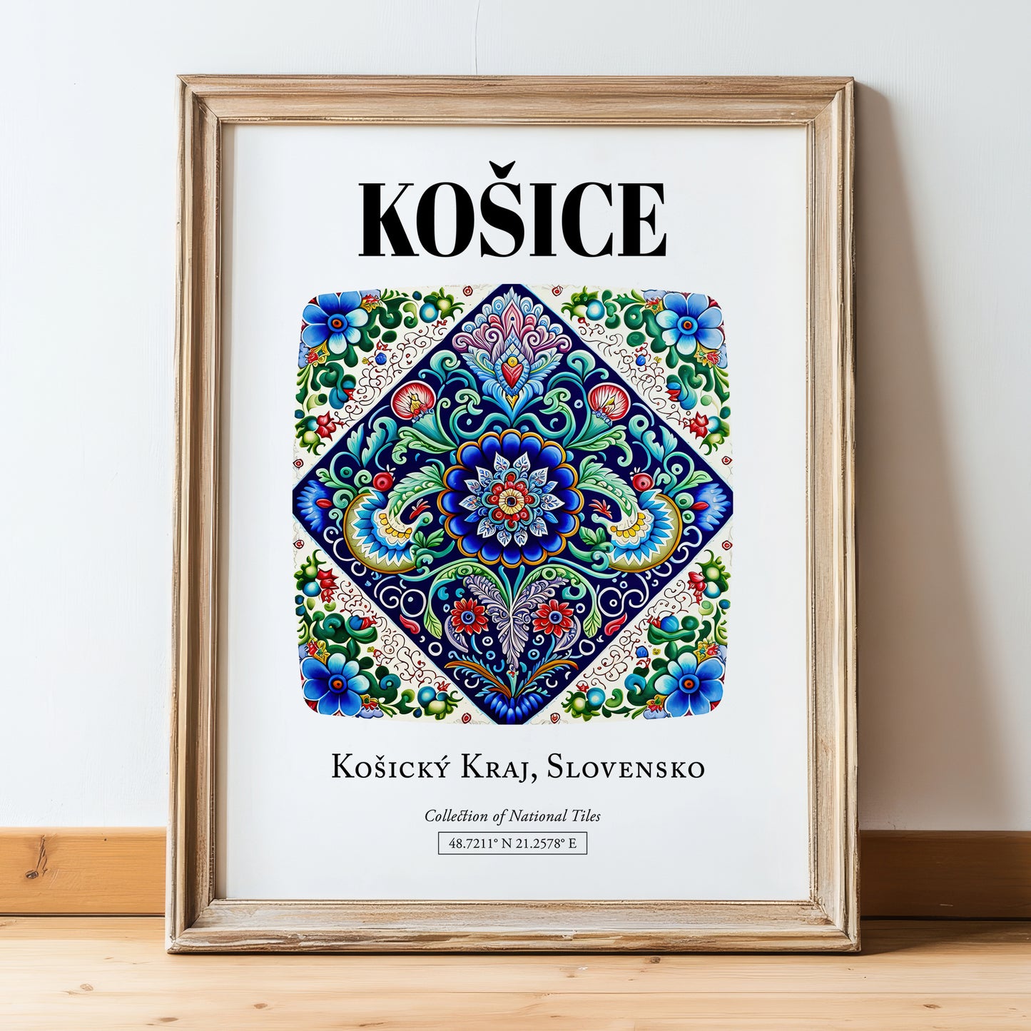 Košice, Slovakia – Travel Print, in wooden frame leaning on the floor