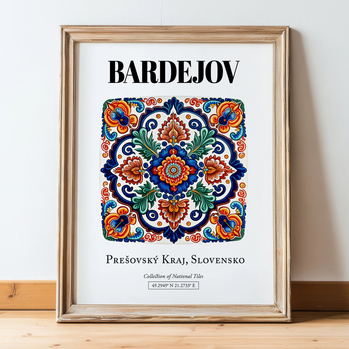 Bardejov, Slovakia – Travel Poster, in wooden frame leaning on the floor