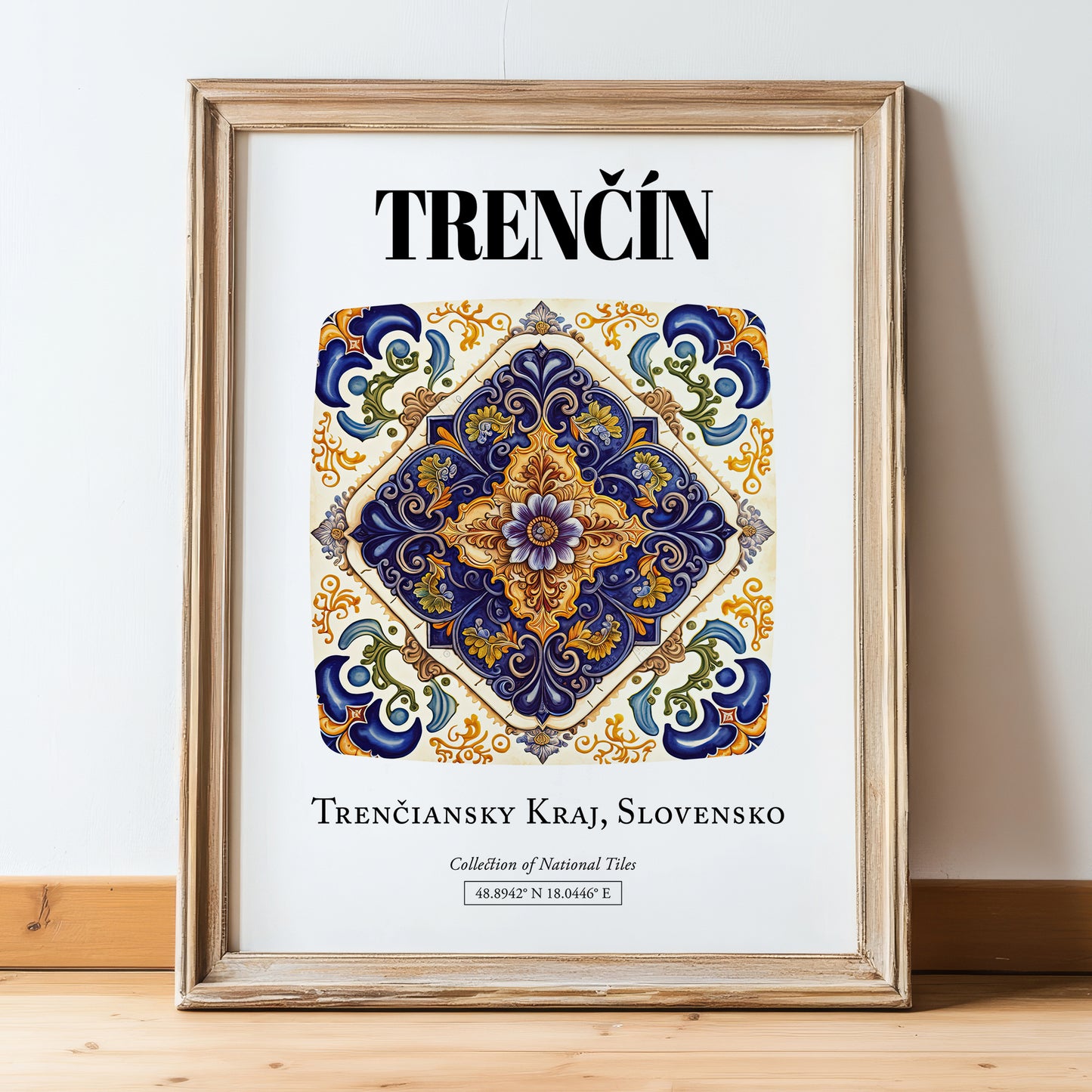 Trenčín, Slovakia – Travel Poster, in wooden frame leaning on the floor