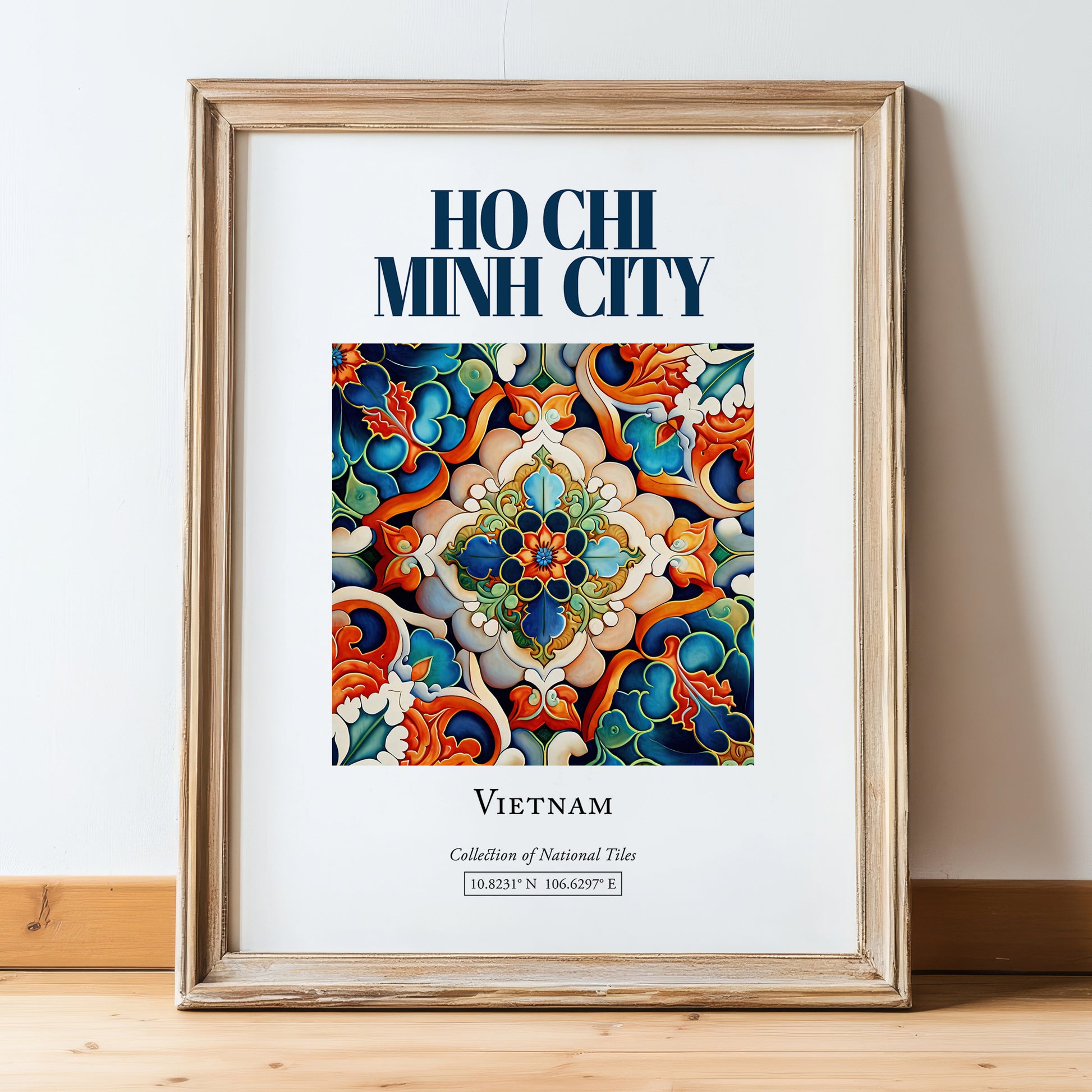 Ho Chi Minh City, Vietnam – Vintage Travel Poster, in wooden frame leaning on the floor