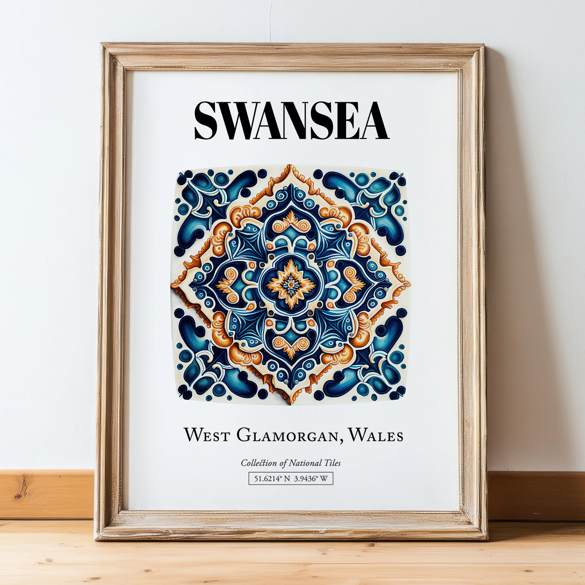 Swansea, Wales – Travel Wall Decor, in wooden frame leaning on the floor