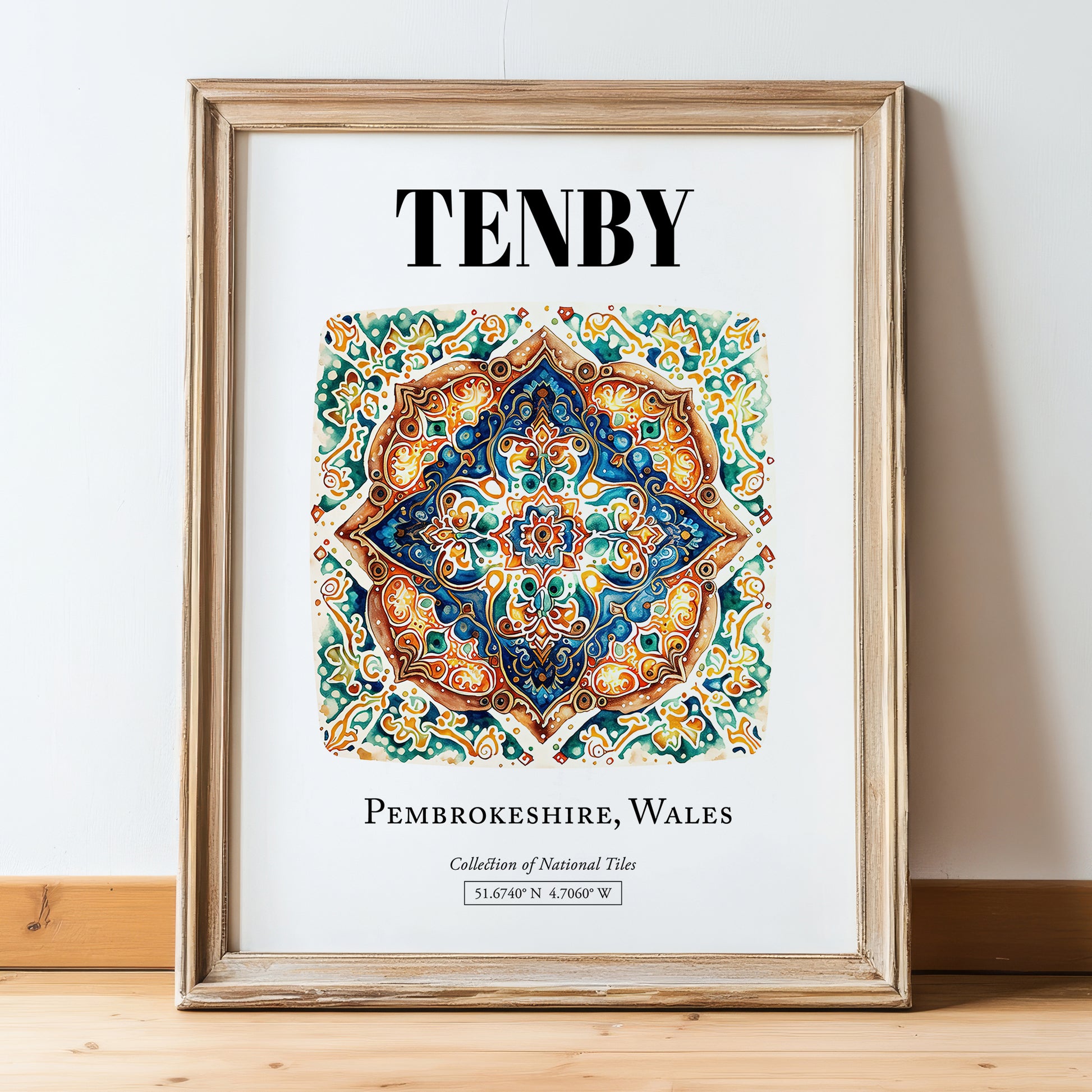Tenby, Wales – Vintage Travel Poster, in wooden frame leaning on the floor