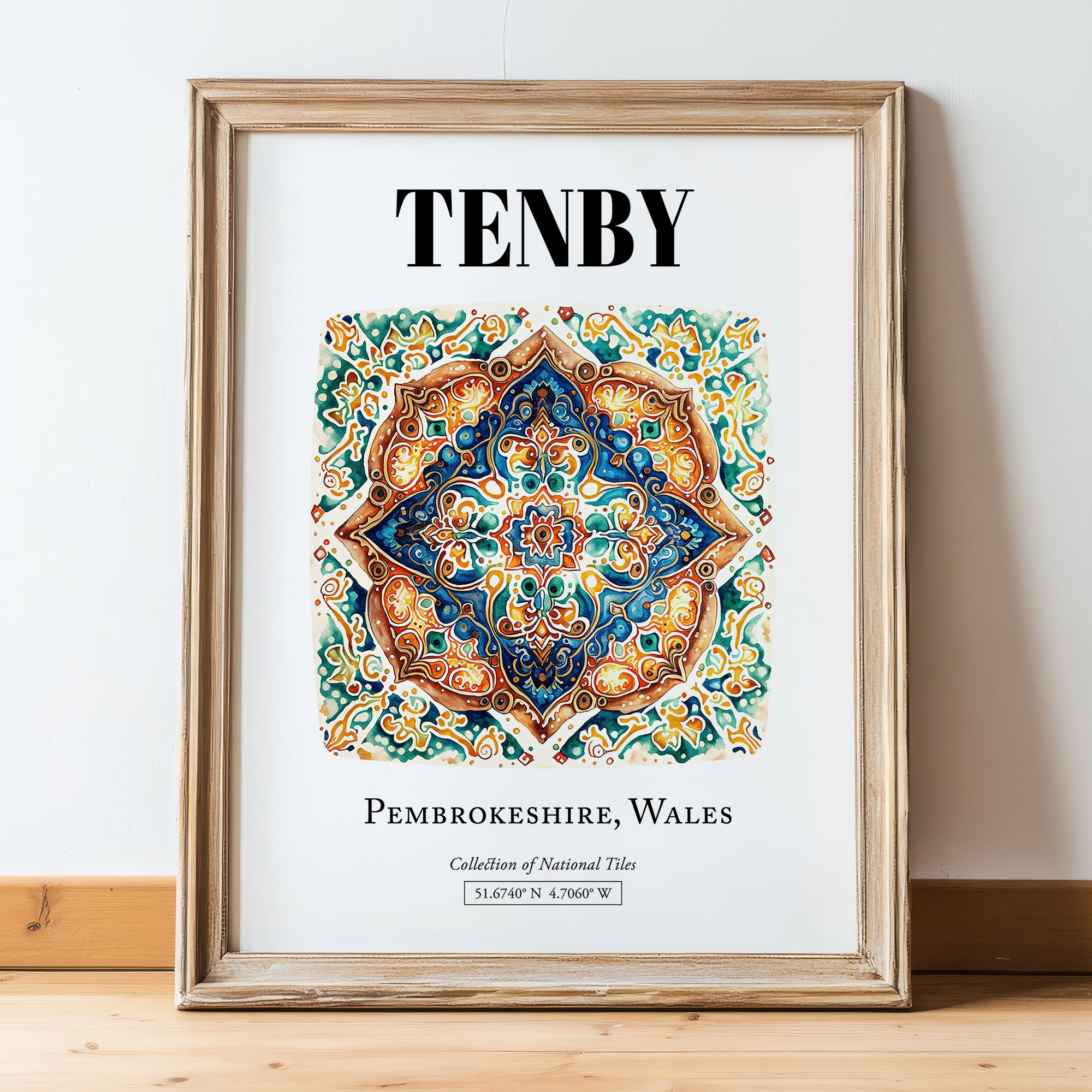 Tenby, Wales – Vintage Travel Poster, in wooden frame leaning on the floor