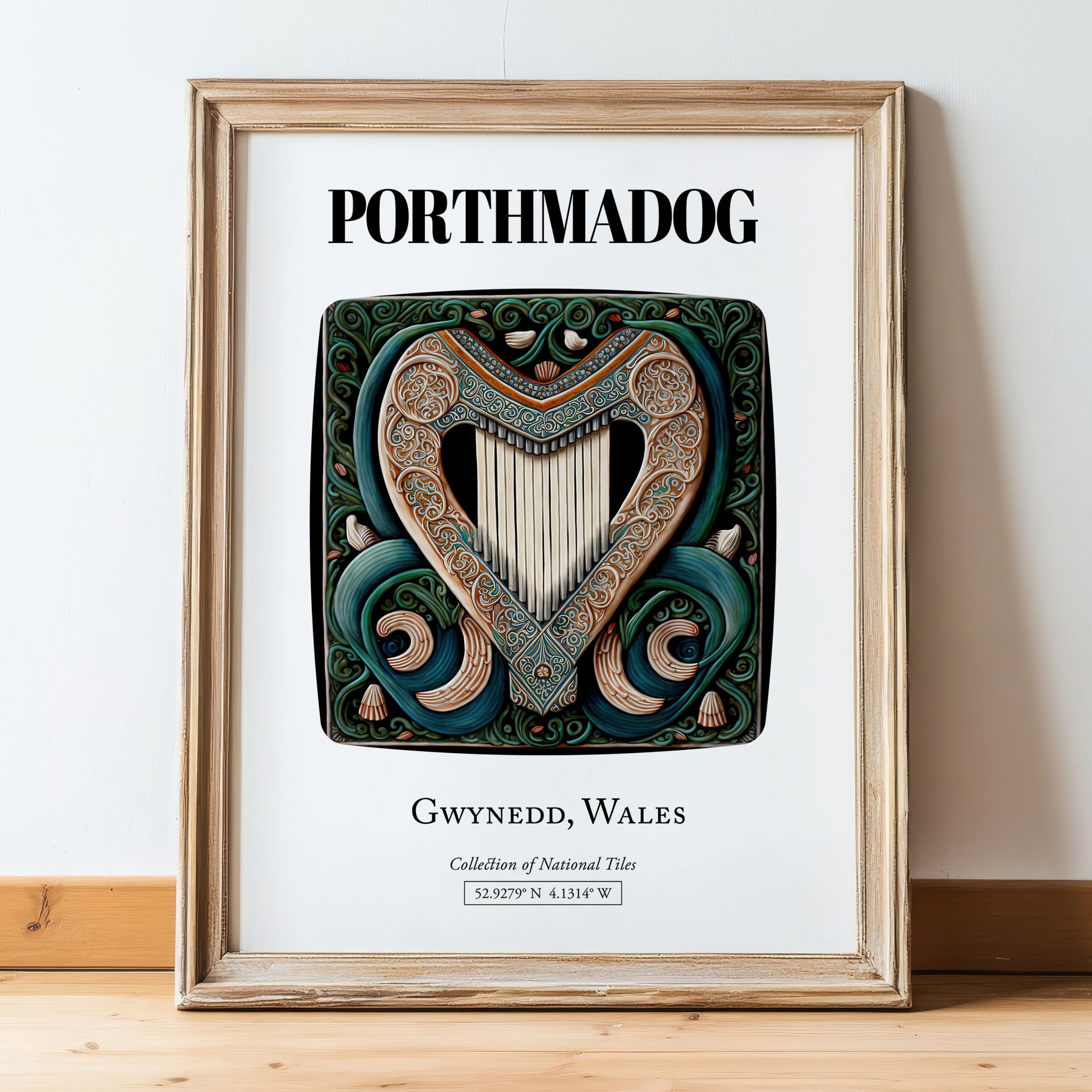 Porthmadog, Wales – Travel Poster, in wooden frame leaning on the floor
