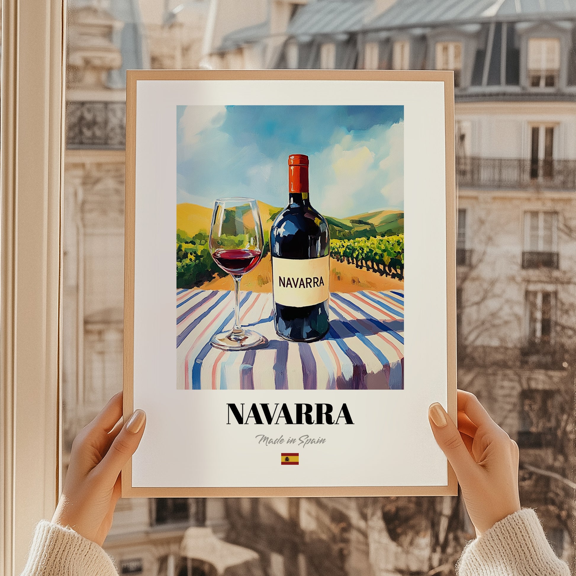 Navarra – Spanish Red Wine, Wine Bar Art, styled in a charming Paris street view