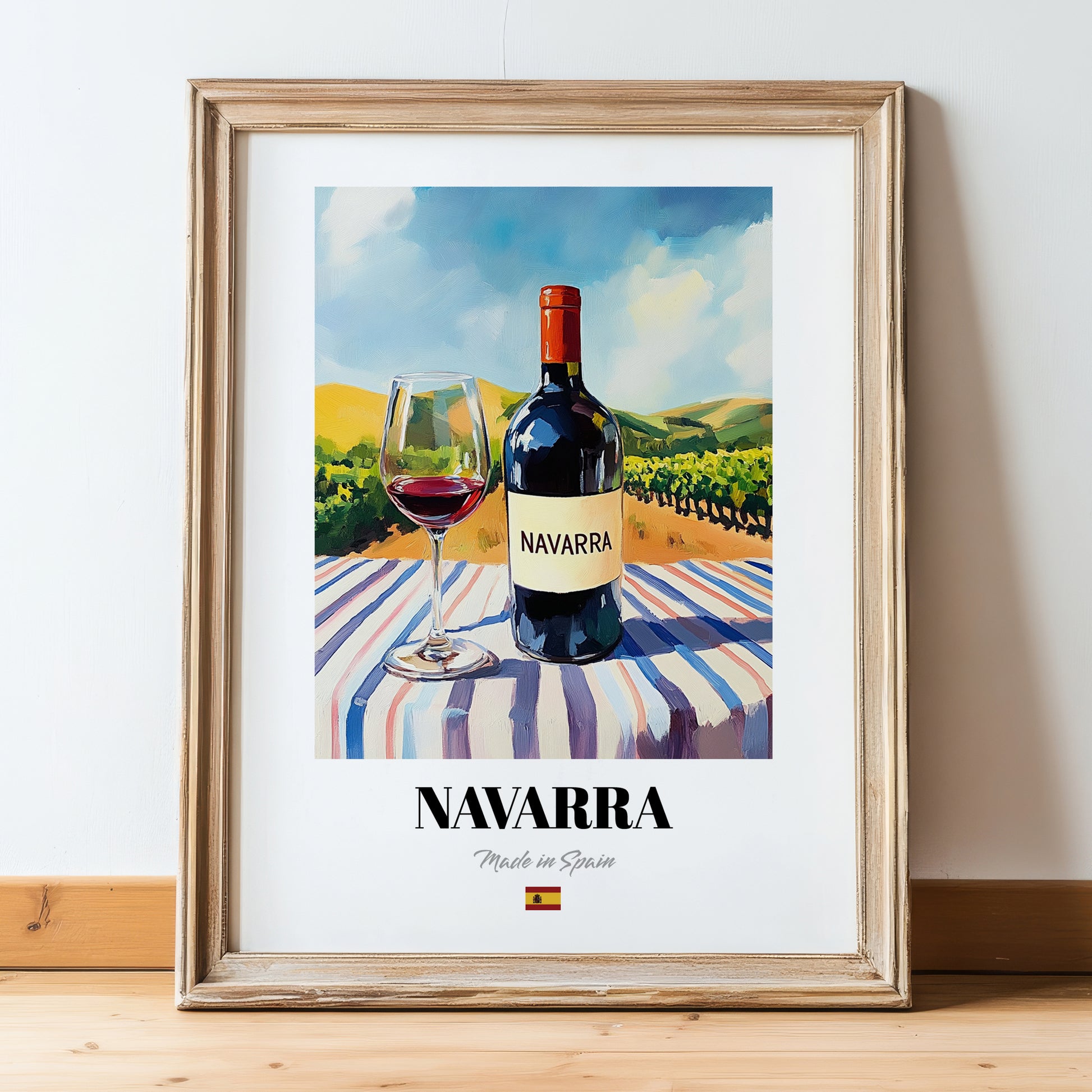Navarra – Spanish Red Wine, Wine Bar Art, in wooden frame leaning on the floor