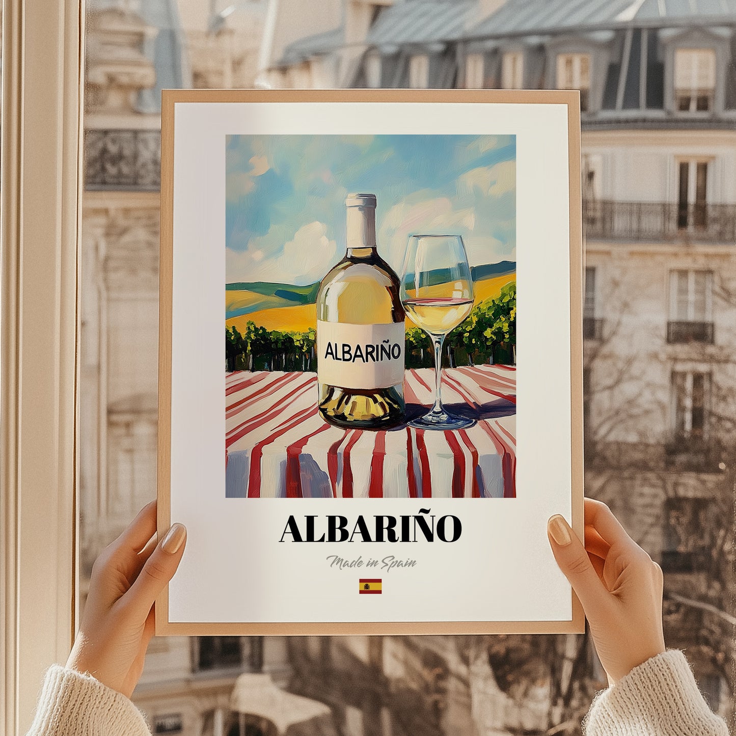 Albariño – Spanish White Wine, Vineyard Terrace Art, styled in a charming Paris street view