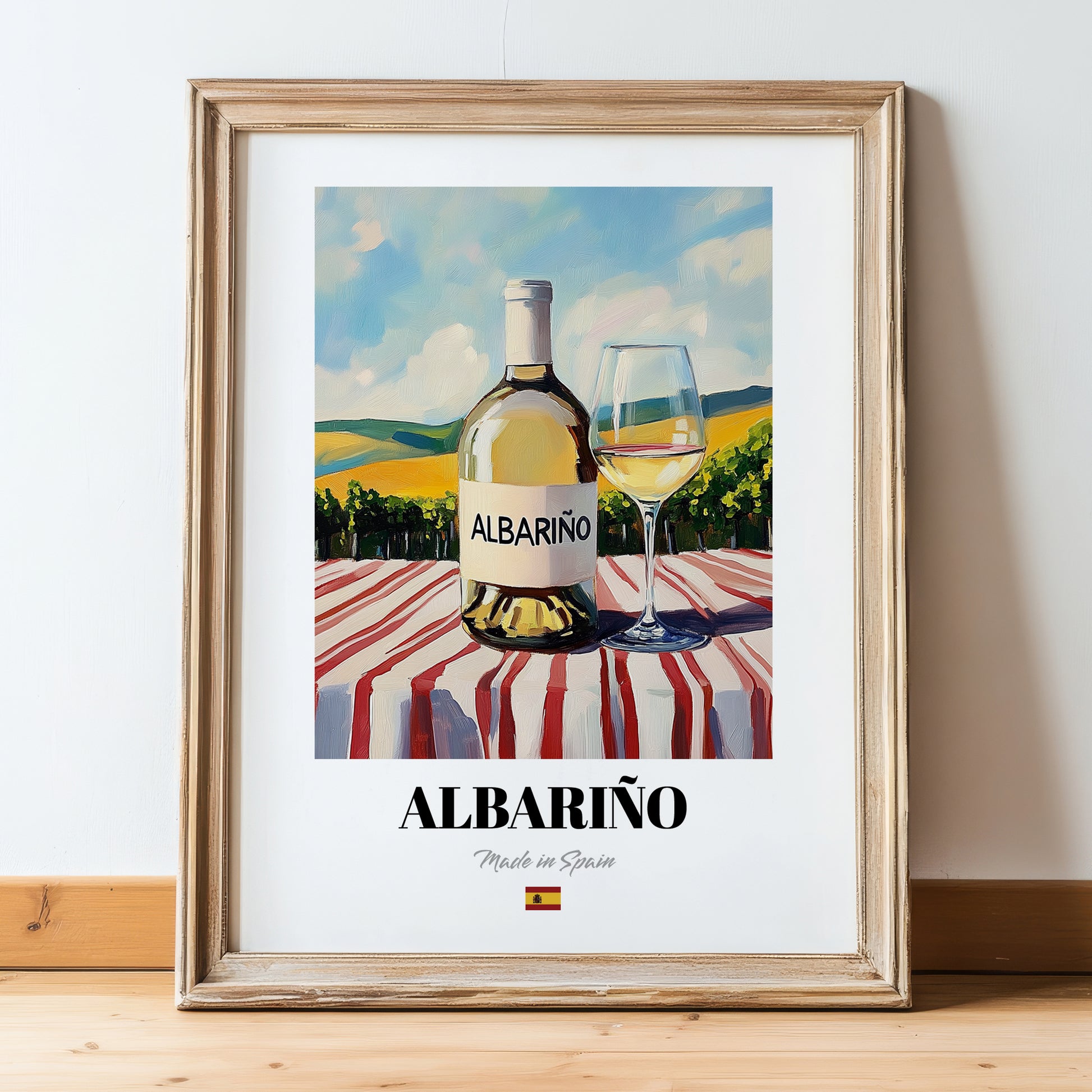 Albariño – Spanish White Wine, Vineyard Terrace Art, in wooden frame leaning on the floor