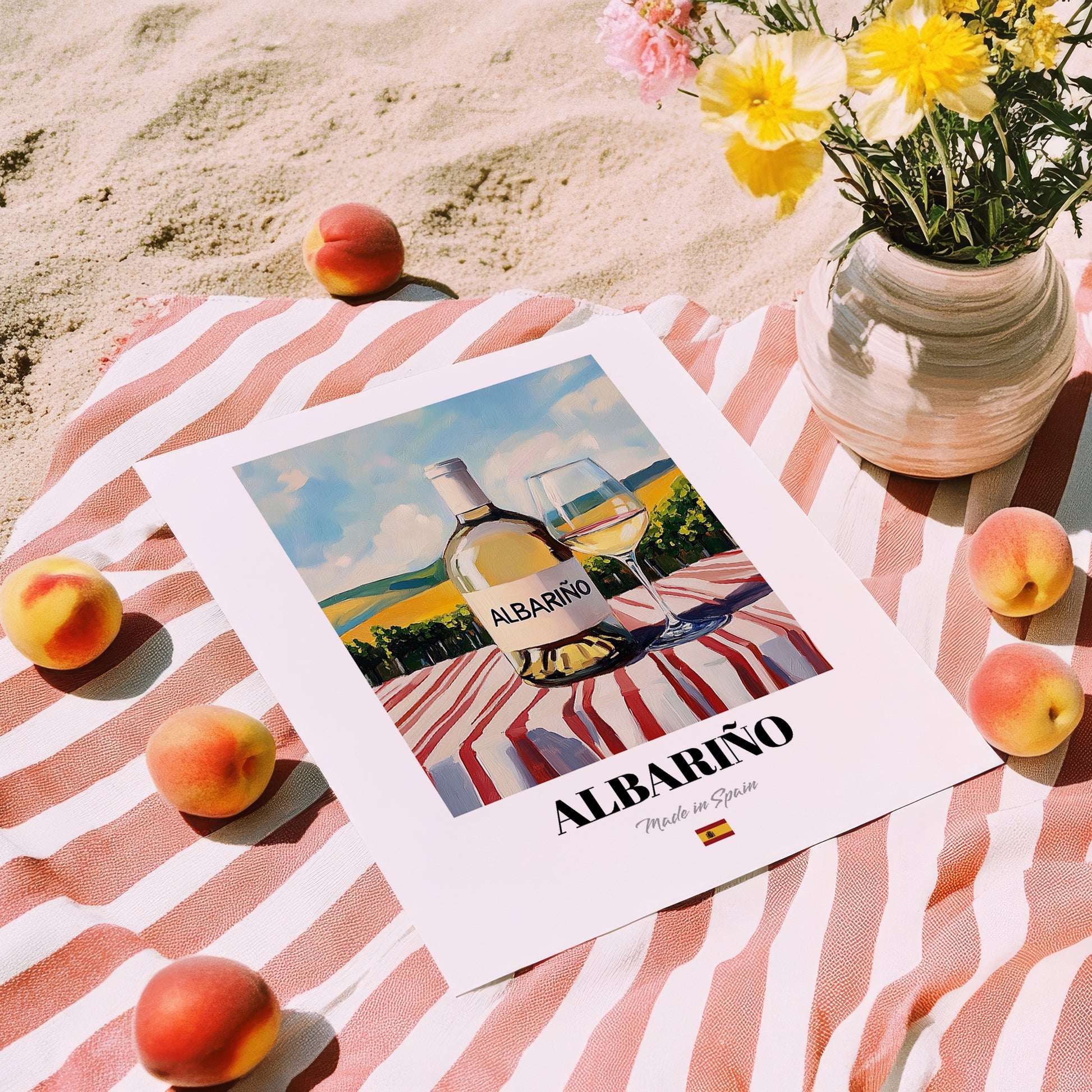 Albariño – Spanish White Wine, Vineyard Terrace Art, unframed on coastal sand