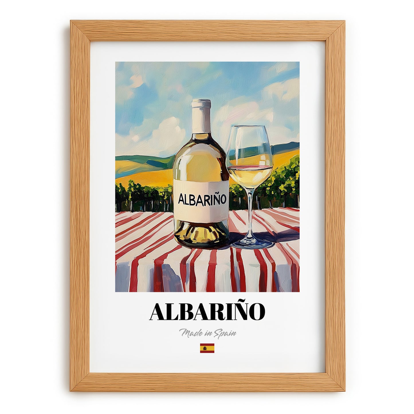 Albariño – Spanish White Wine, Vineyard Terrace Art, set in oak frame