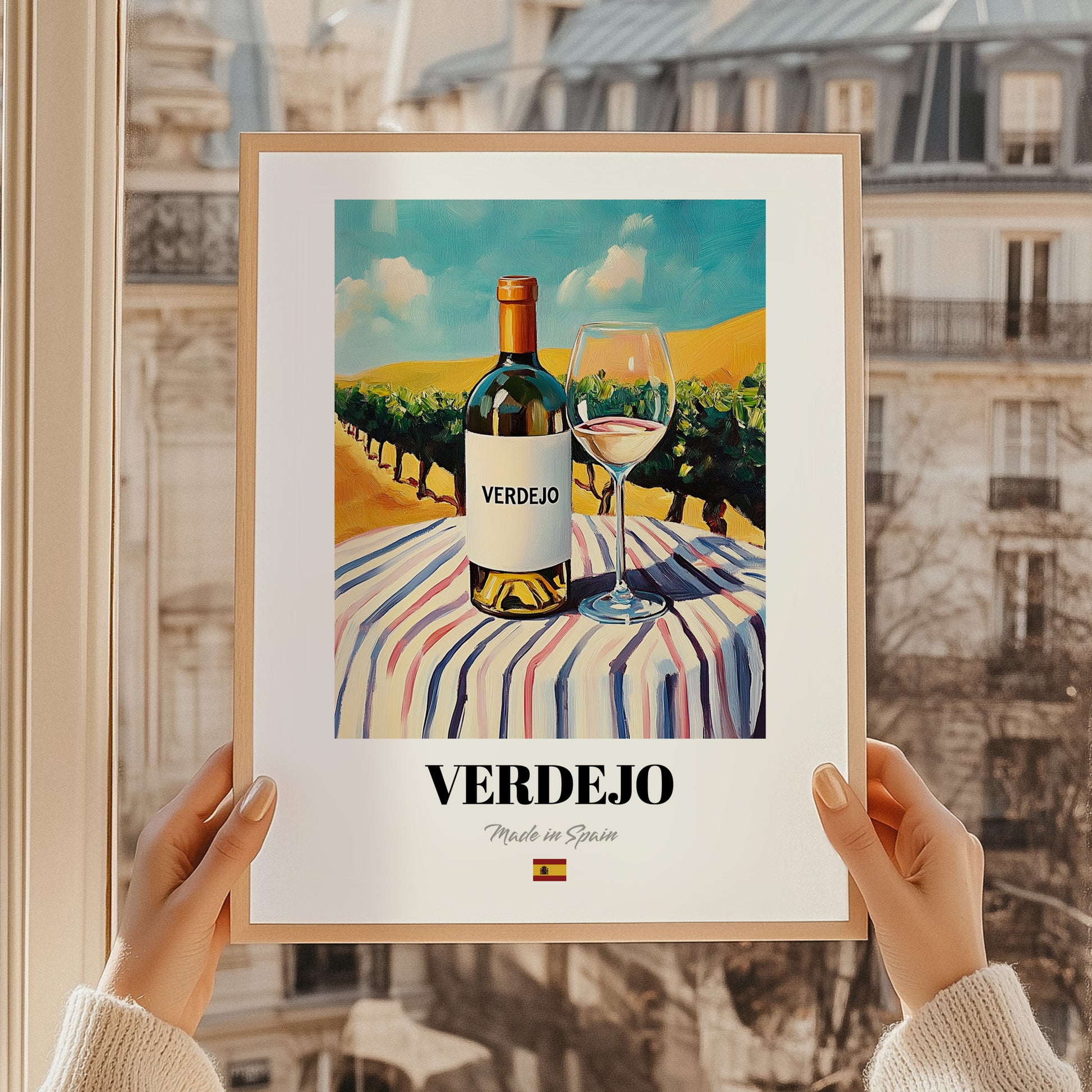 Verdejo – Spanish White Wine, Bodega Poster, styled in a charming Paris street view