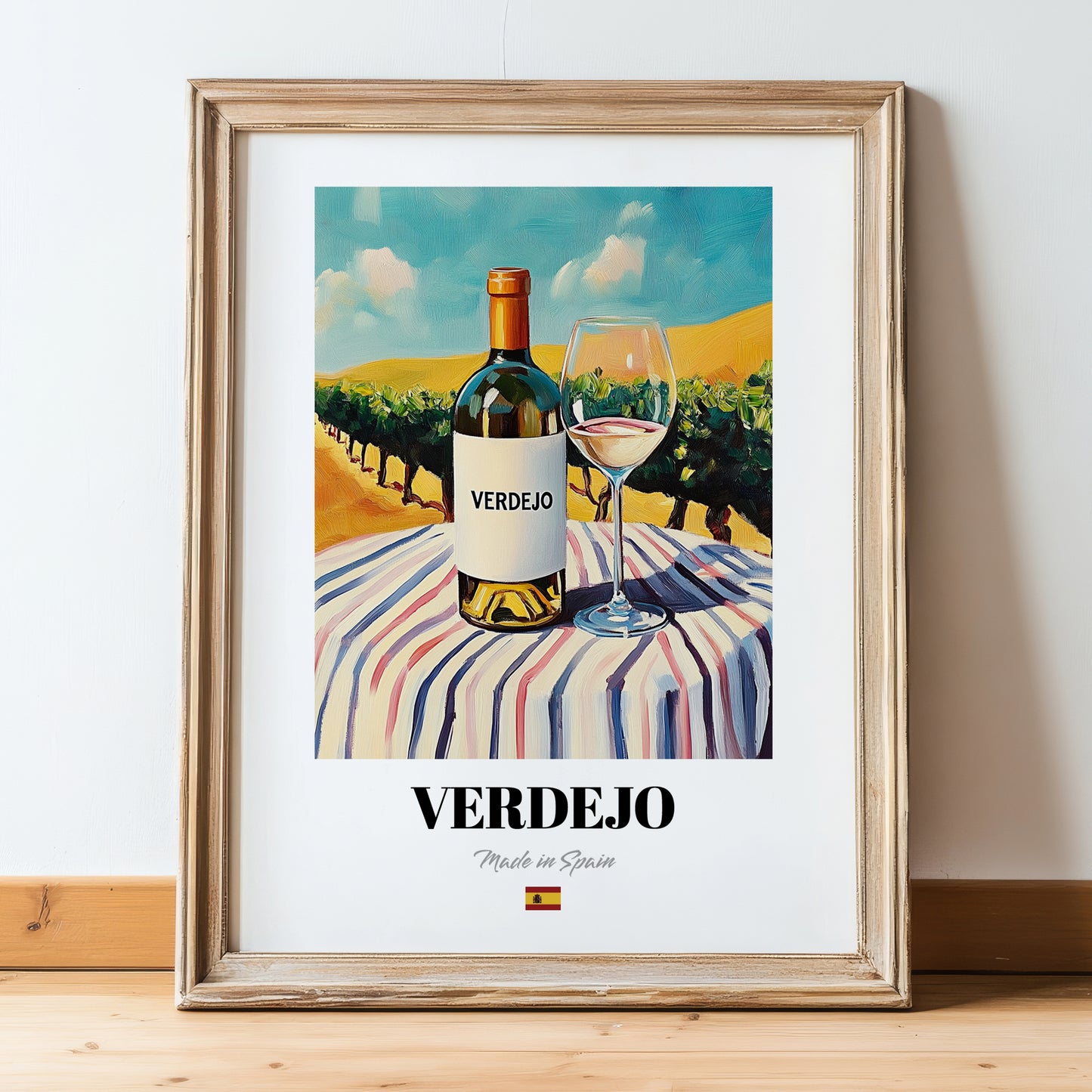 Verdejo – Spanish White Wine, Bodega Poster, in wooden frame leaning on the floor