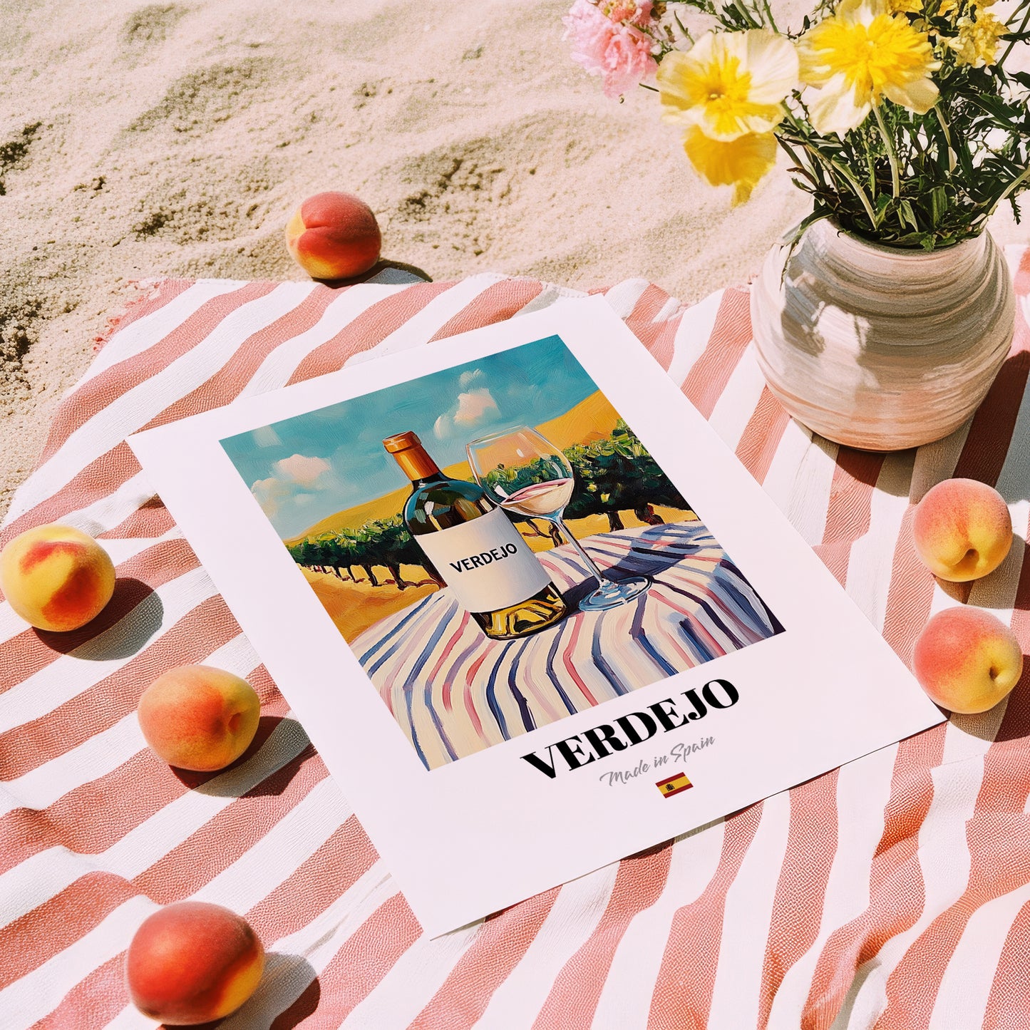 Verdejo – Spanish White Wine, Bodega Poster, unframed on coastal sand