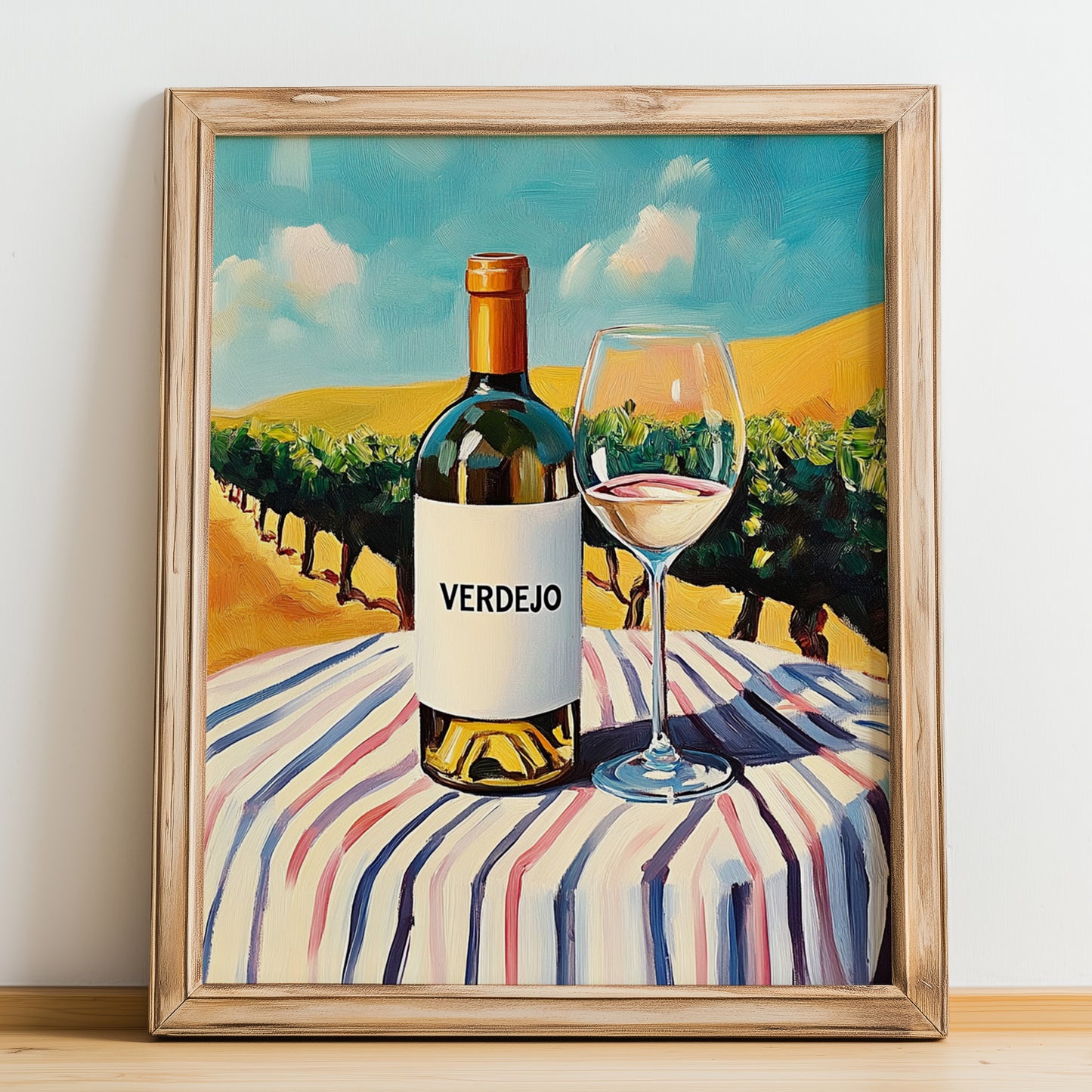 Verdejo – Spanish White Wine, Bodega Poster, no-text version framed in wood