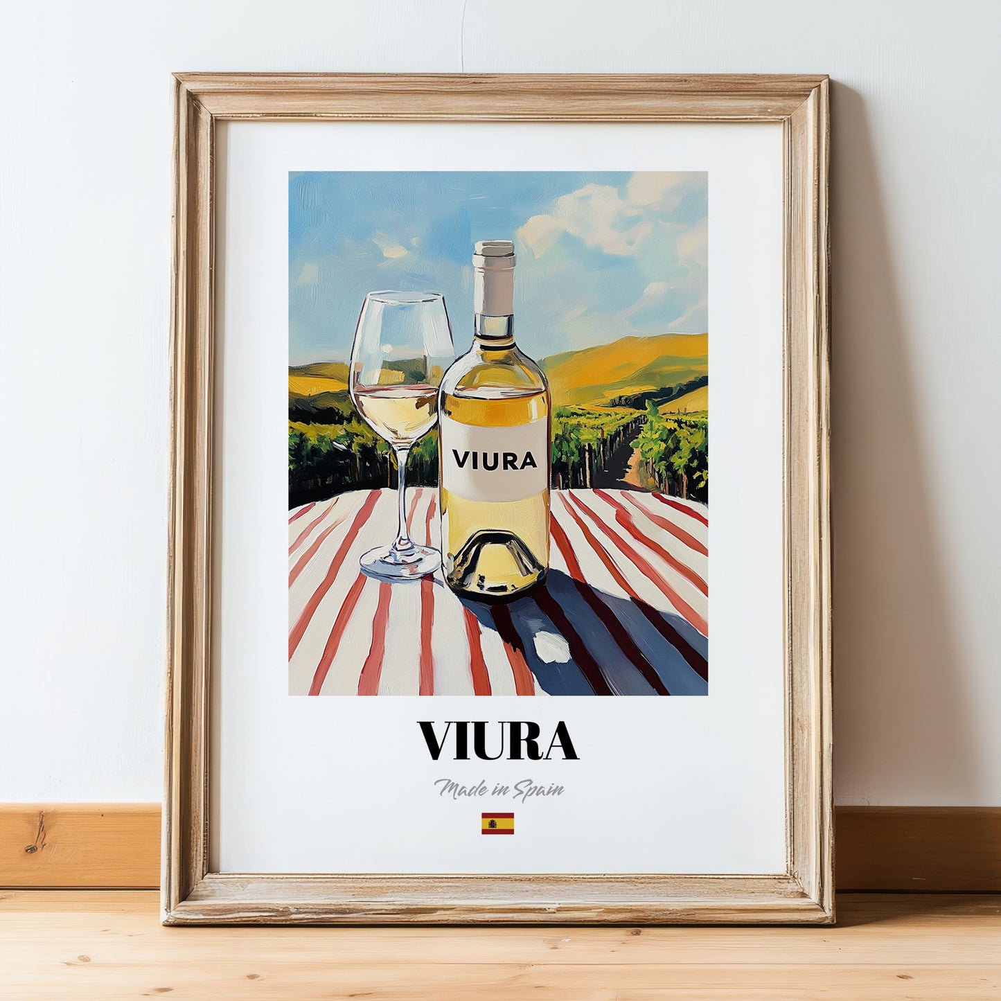 Viura – Spanish White Wine, Vinoteca Illustration, in wooden frame leaning on the floor