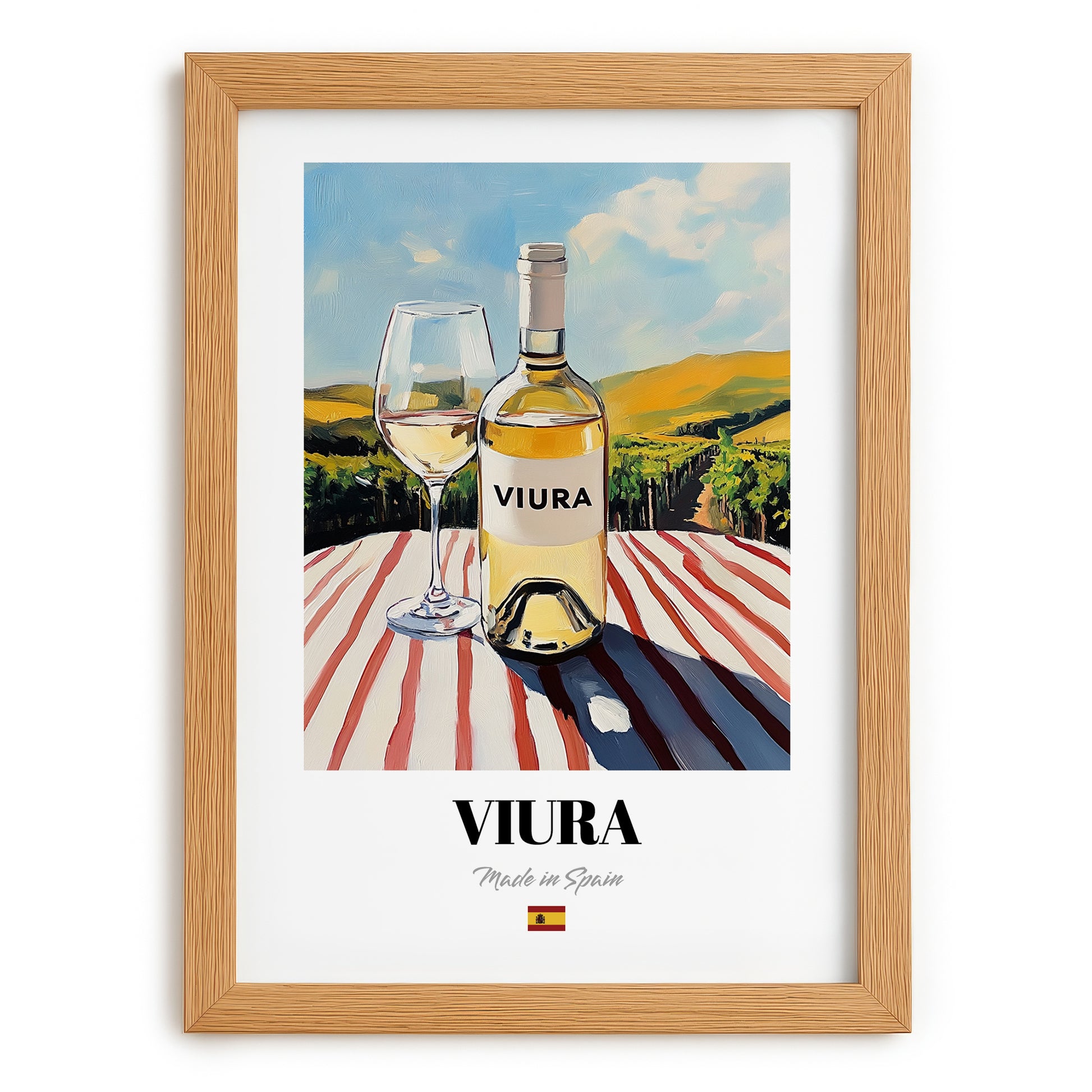 Viura – Spanish White Wine, Vinoteca Illustration, set in oak frame