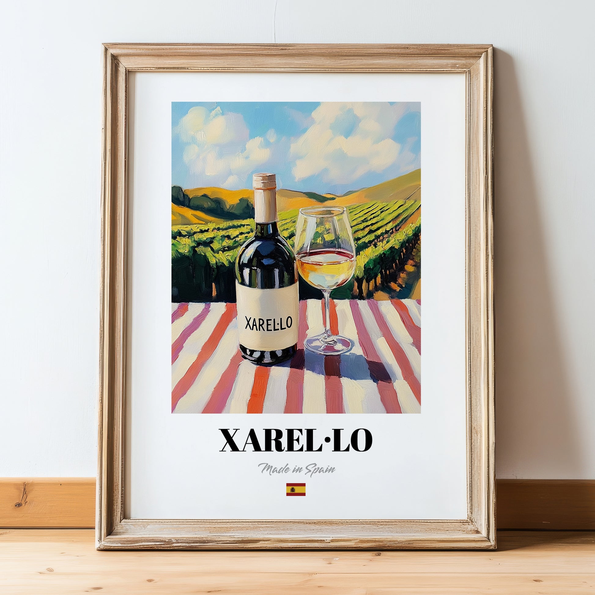 Xarel·lo – Spanish White Wine, Vineyard Terrace Poster, in wooden frame leaning on the floor