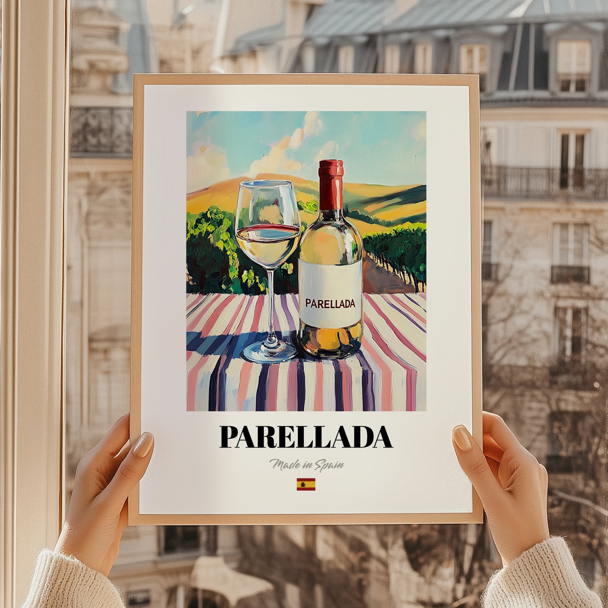 Parellada – Spanish White Wine, Wine Bar Wall Art, styled in a charming Paris street view