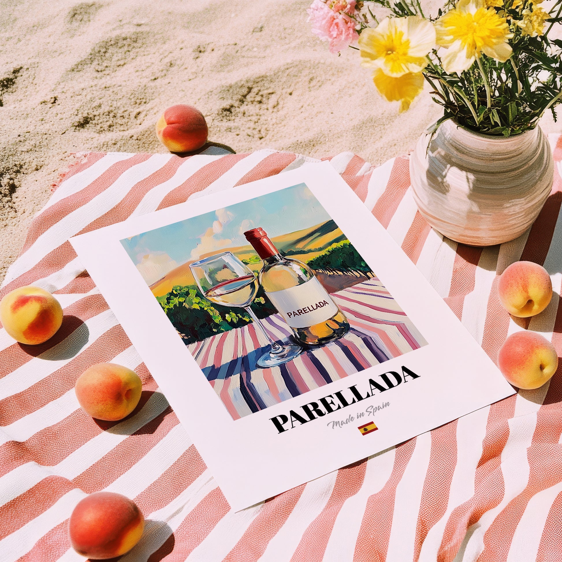 Parellada – Spanish White Wine, Wine Bar Wall Art, unframed on coastal sand