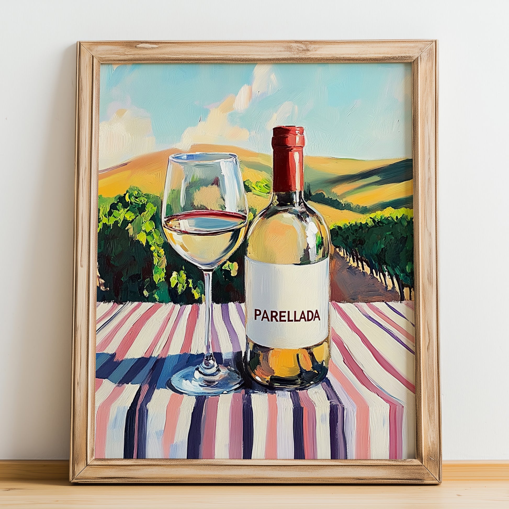 Parellada – Spanish White Wine, Wine Bar Wall Art, no-text version framed in wood