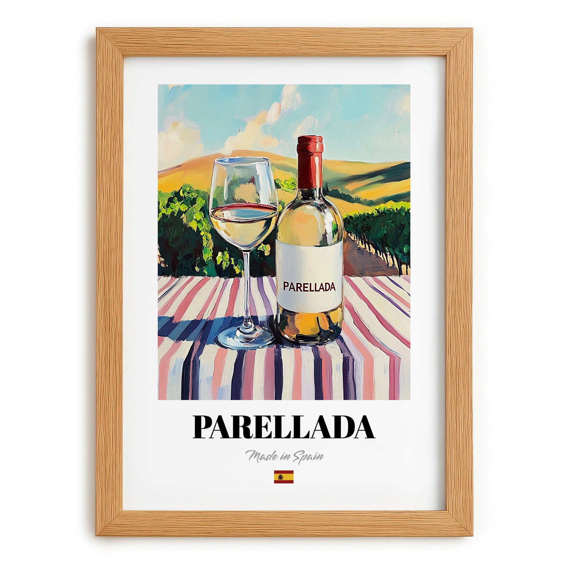 Parellada – Spanish White Wine, Wine Bar Wall Art, set in oak frame