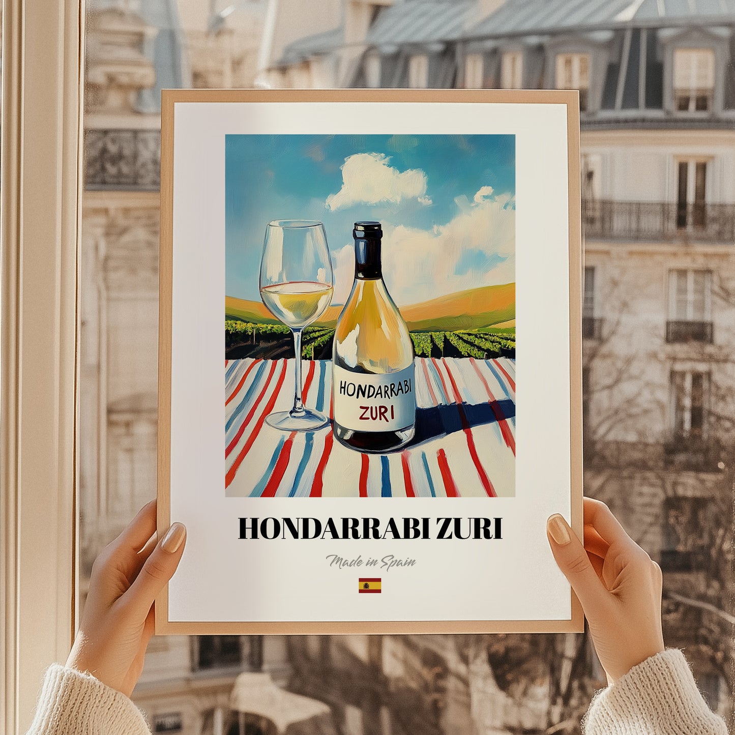 Hondarrabi Zuri – Spanish White Wine, Wine Bar Print, styled in a charming Paris street view
