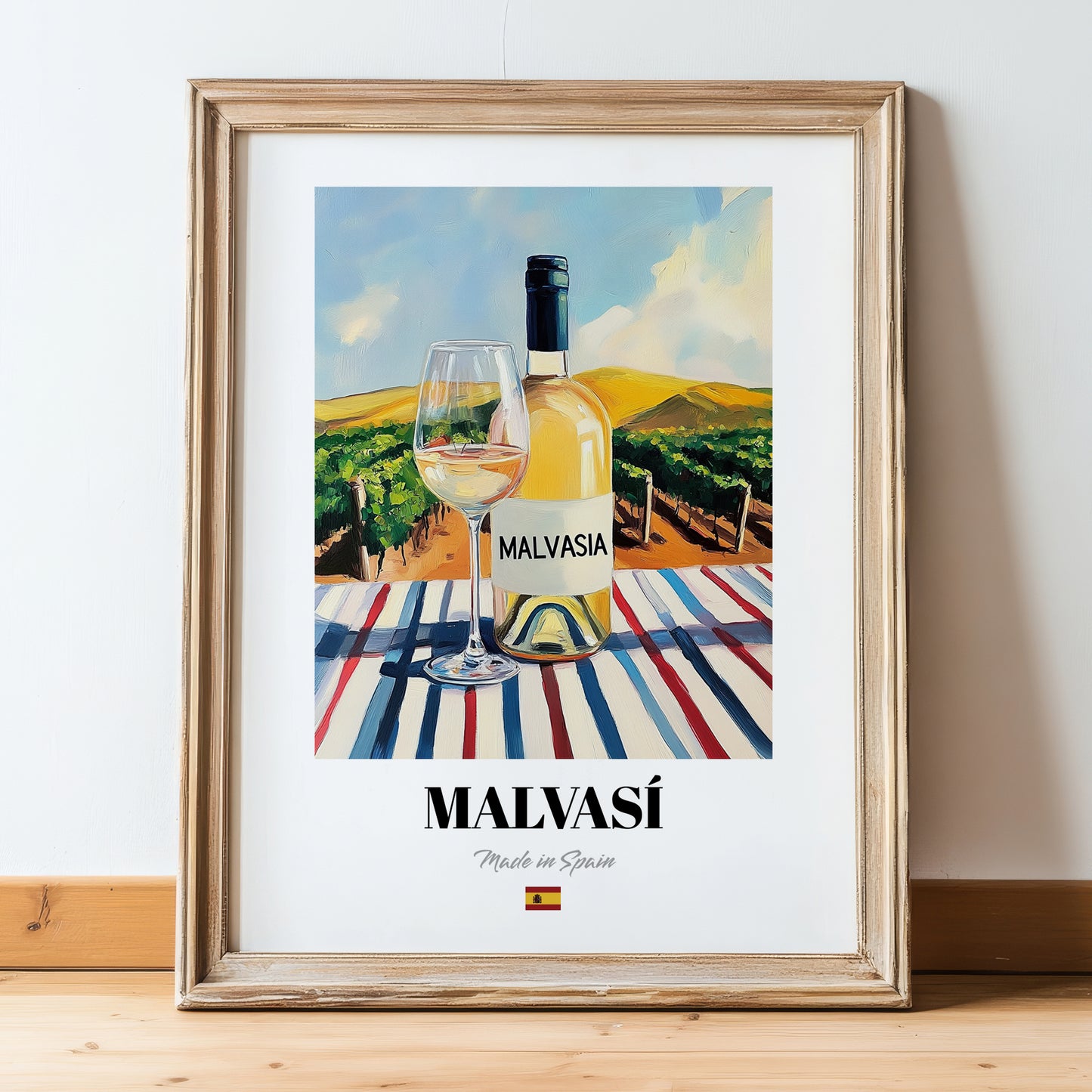 Malvasí – Spanish White Wine, Vinoteca Painting, in wooden frame leaning on the floor