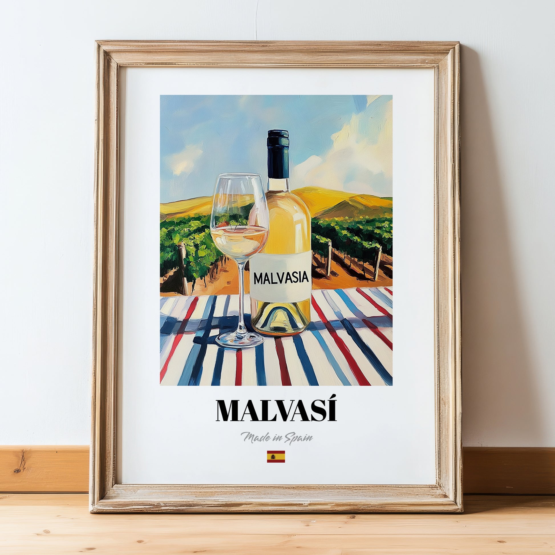 Malvasí – Spanish White Wine, Vinoteca Painting, in wooden frame leaning on the floor