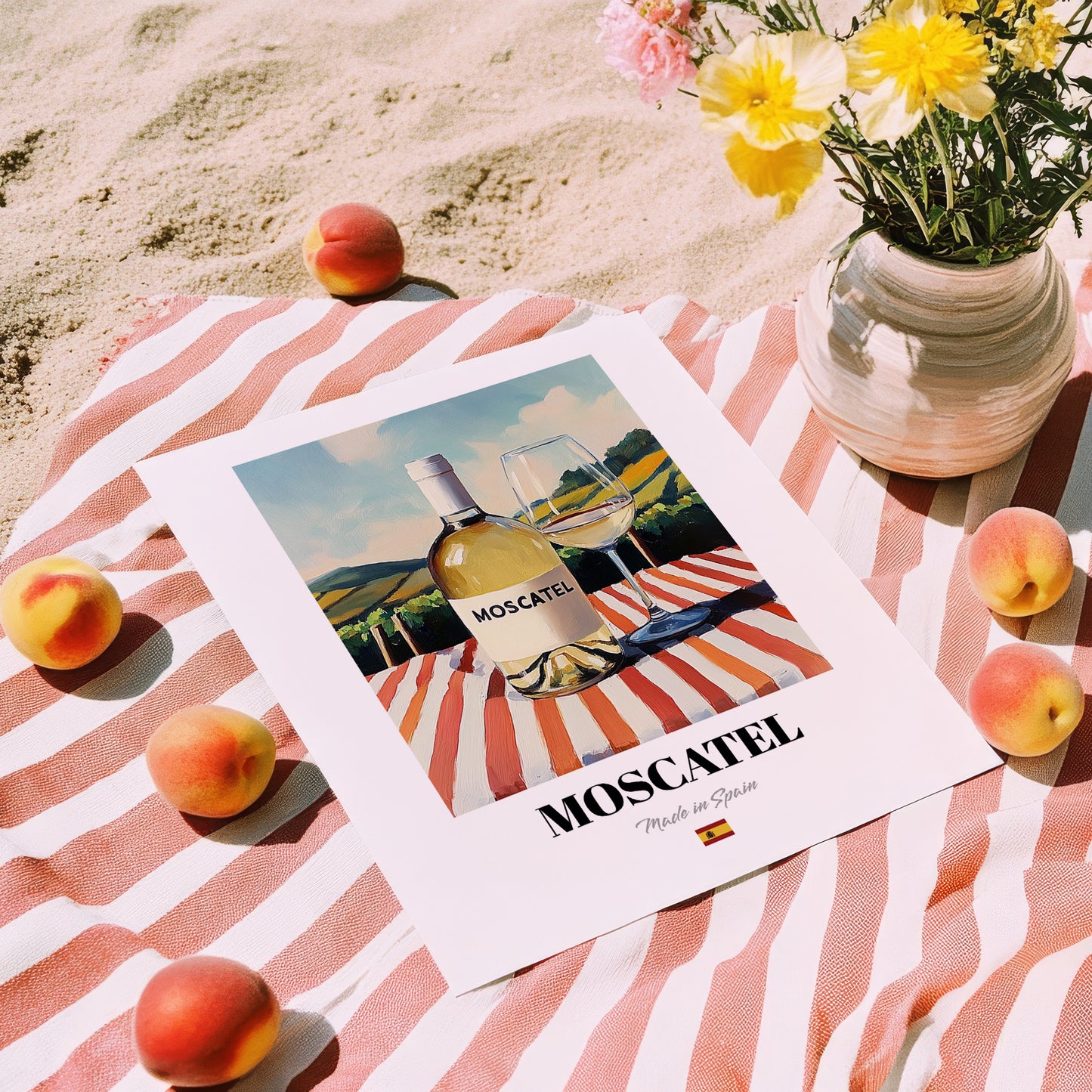 Moscatel – Spanish White Wine, Vineyard Terrace Poster, unframed on coastal sand