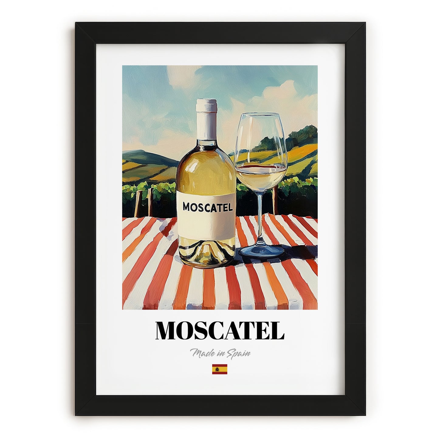 Moscatel – Spanish White Wine, Vineyard Terrace Poster, in sleek black frame