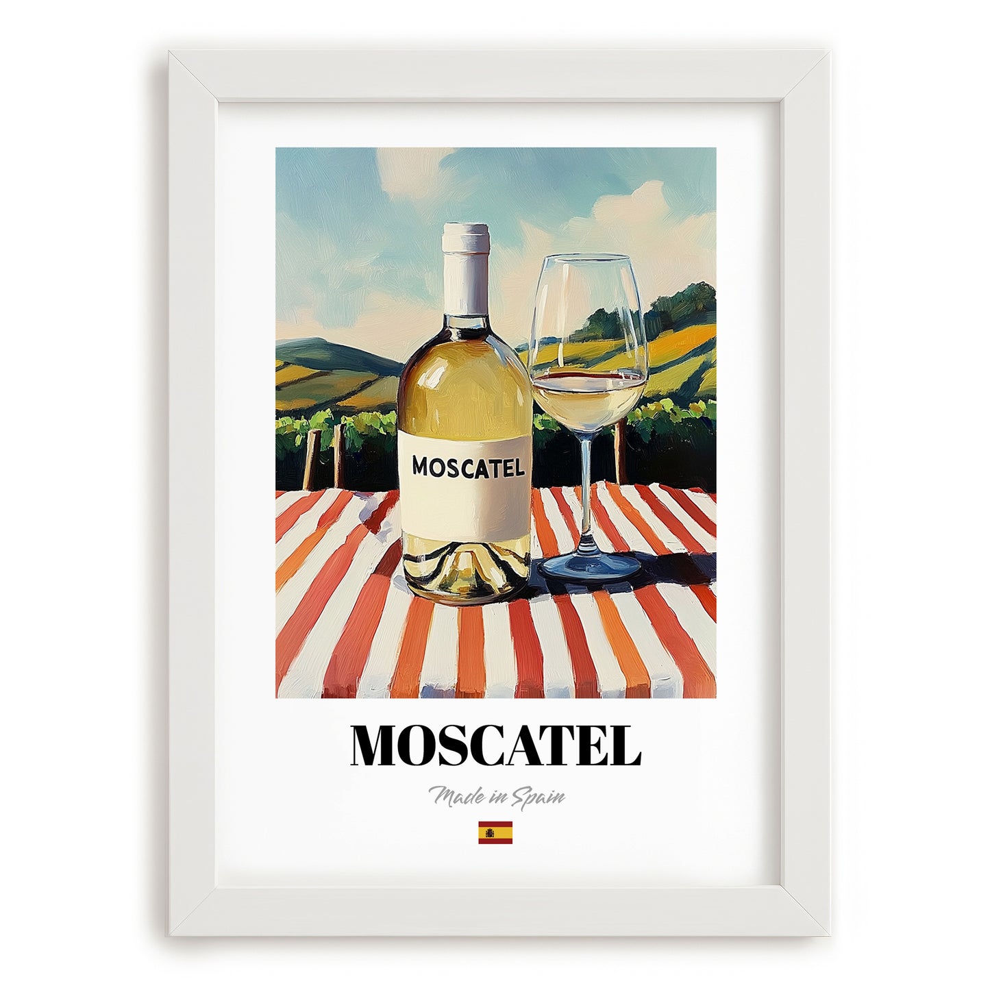 Moscatel – Spanish White Wine, Vineyard Terrace Poster, placed in minimal white frame