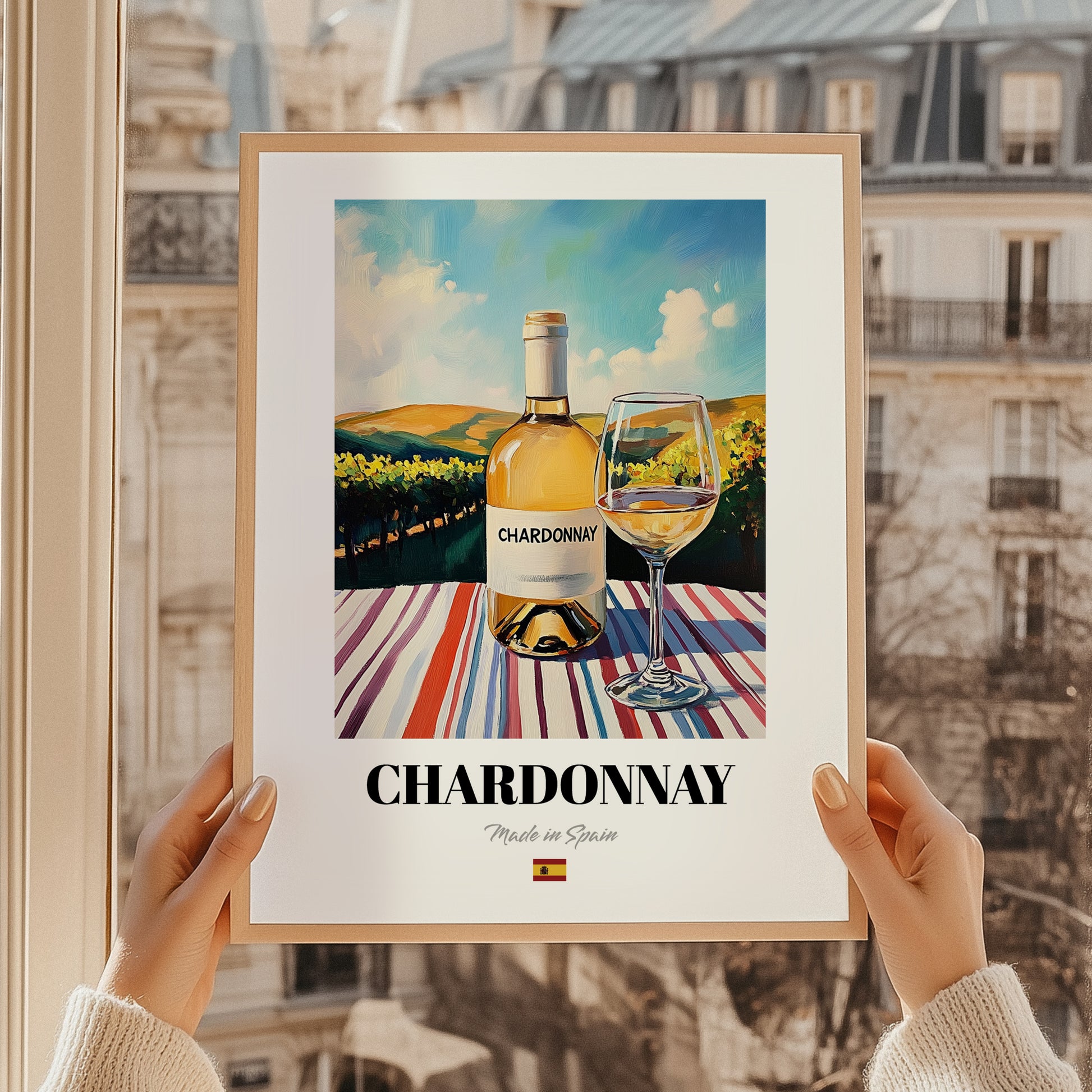 Chardonnay – Spanish White Wine, Vineyard Terrace Painting, styled in a charming Paris street view