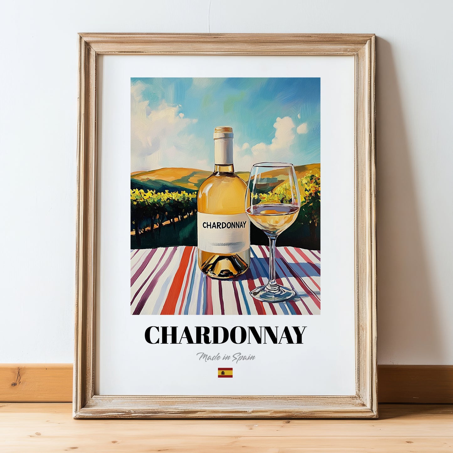 Chardonnay – Spanish White Wine, Vineyard Terrace Painting, in wooden frame leaning on the floor