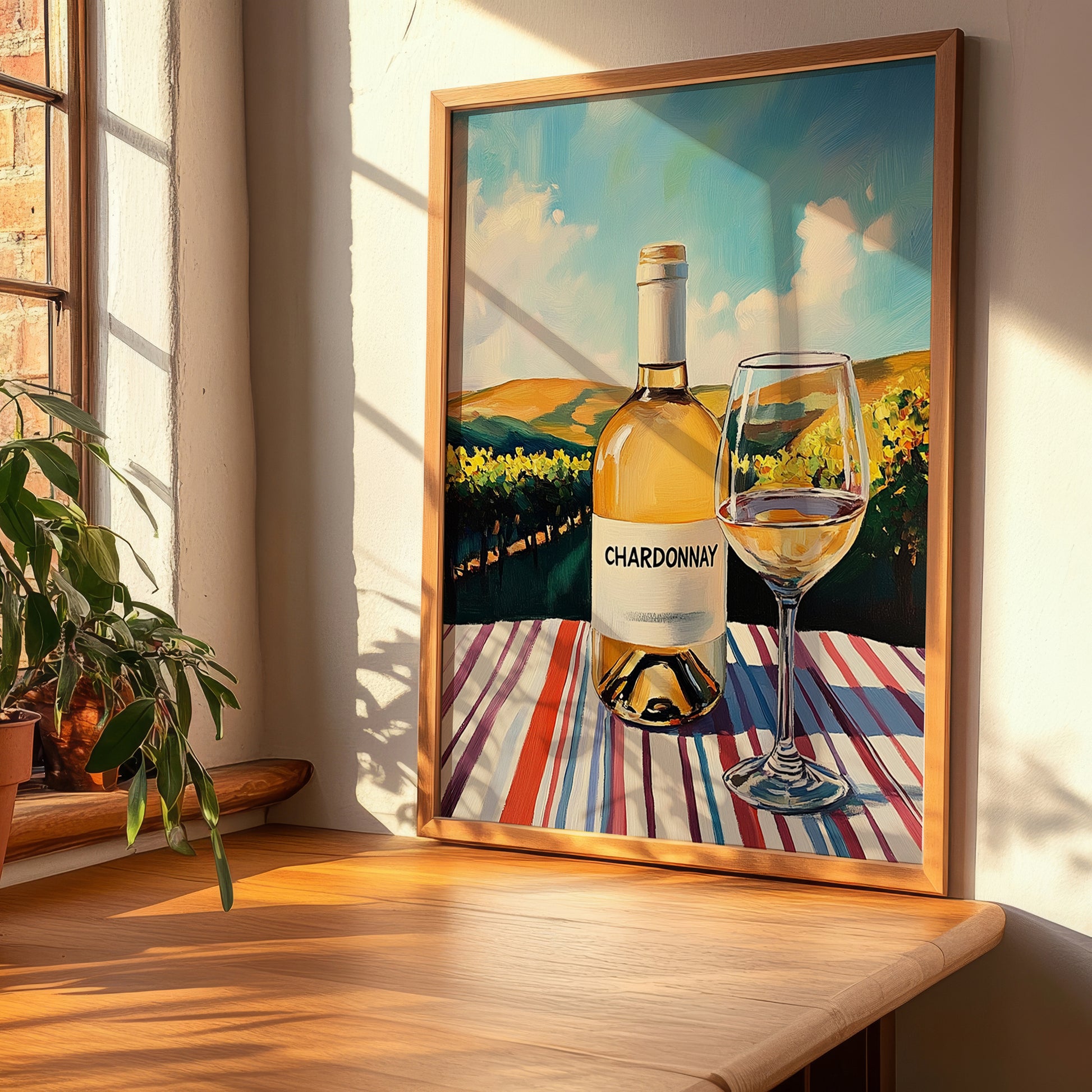 Chardonnay – Spanish White Wine, Vineyard Terrace Painting, clean layout with no caption