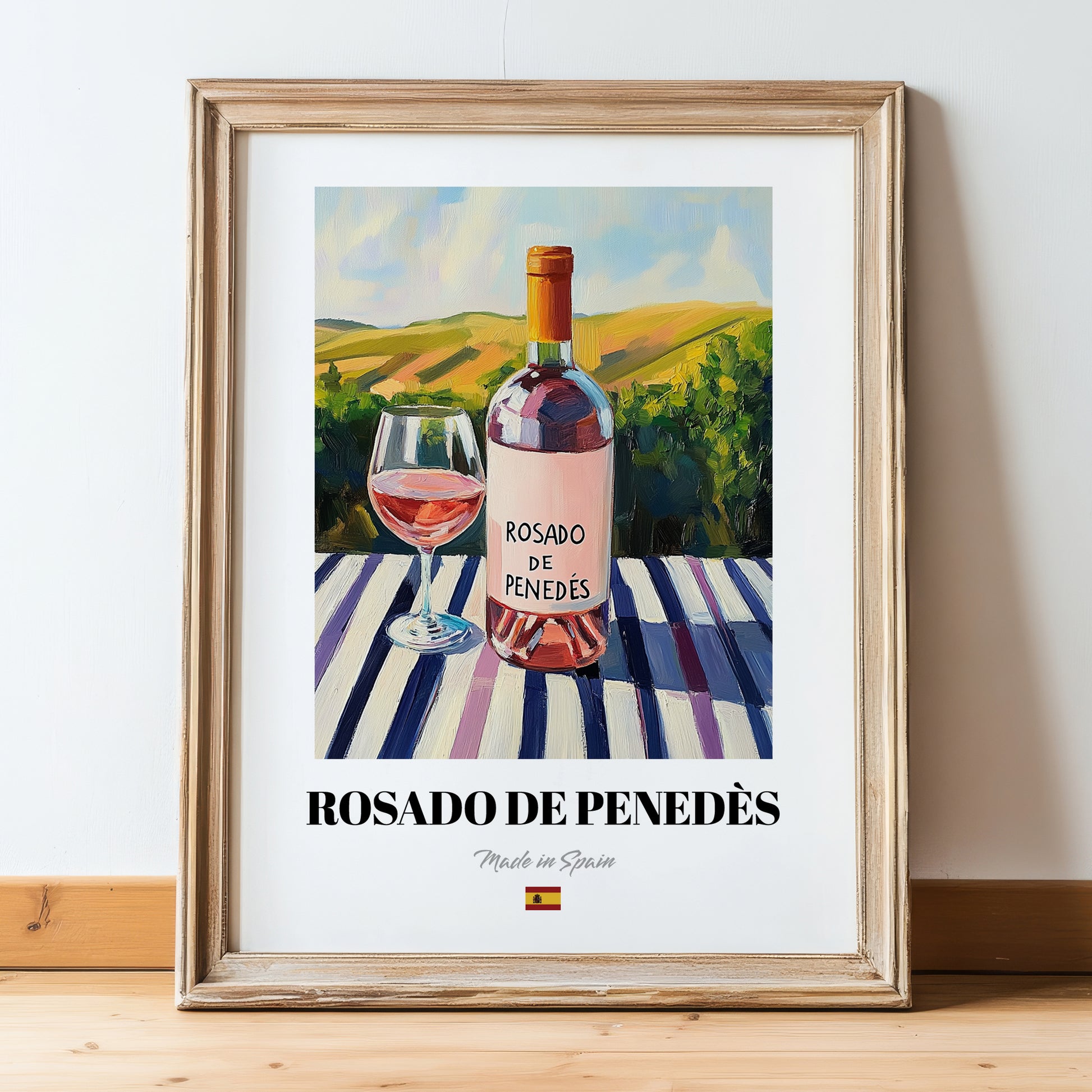 Rosado de Penedès – Spanish Rose Wine, Vinoteca Painting, in wooden frame leaning on the floor