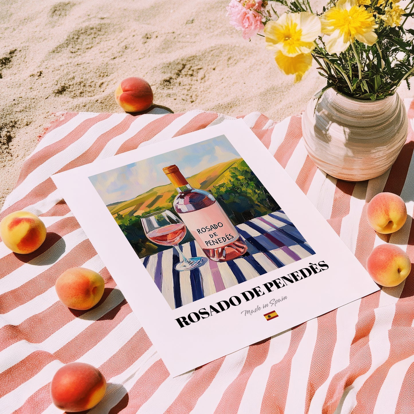 Rosado de Penedès – Spanish Rose Wine, Vinoteca Painting, unframed on coastal sand